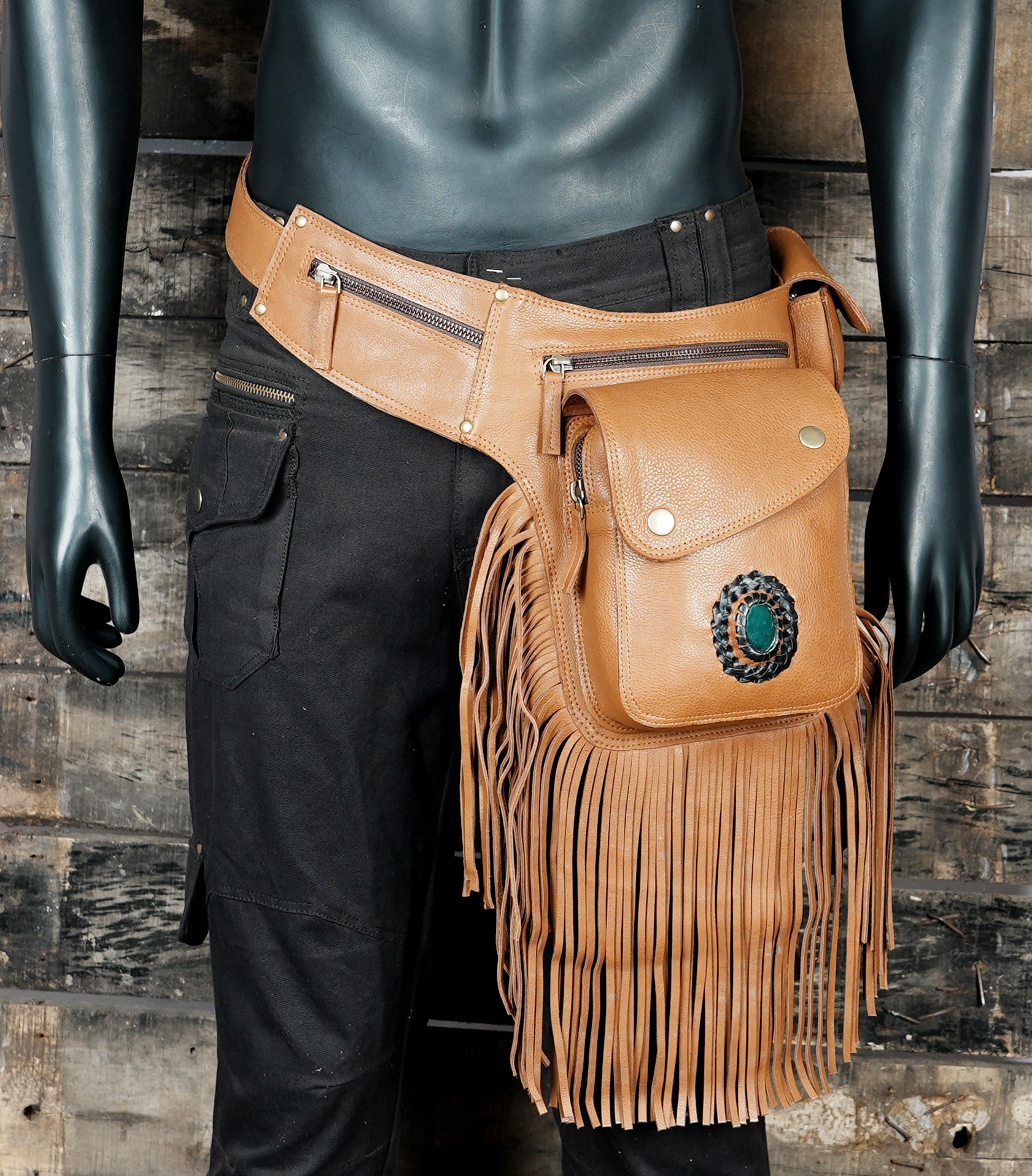 Festival ready leather waist belt with fringe and snap closure