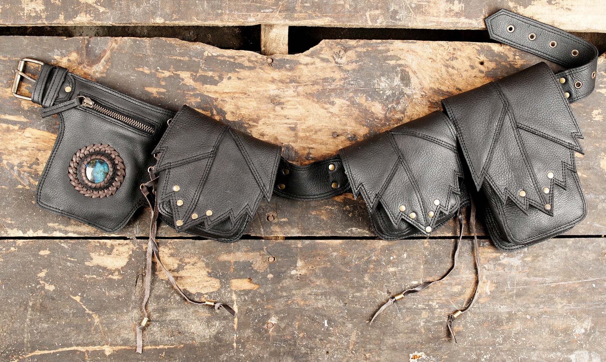 Handmade Brown Leather Utility Belt with Multiple Pouches || Tribal Gemstone Leather Waist Belt for Festivals (LT/AB/WB/6108)