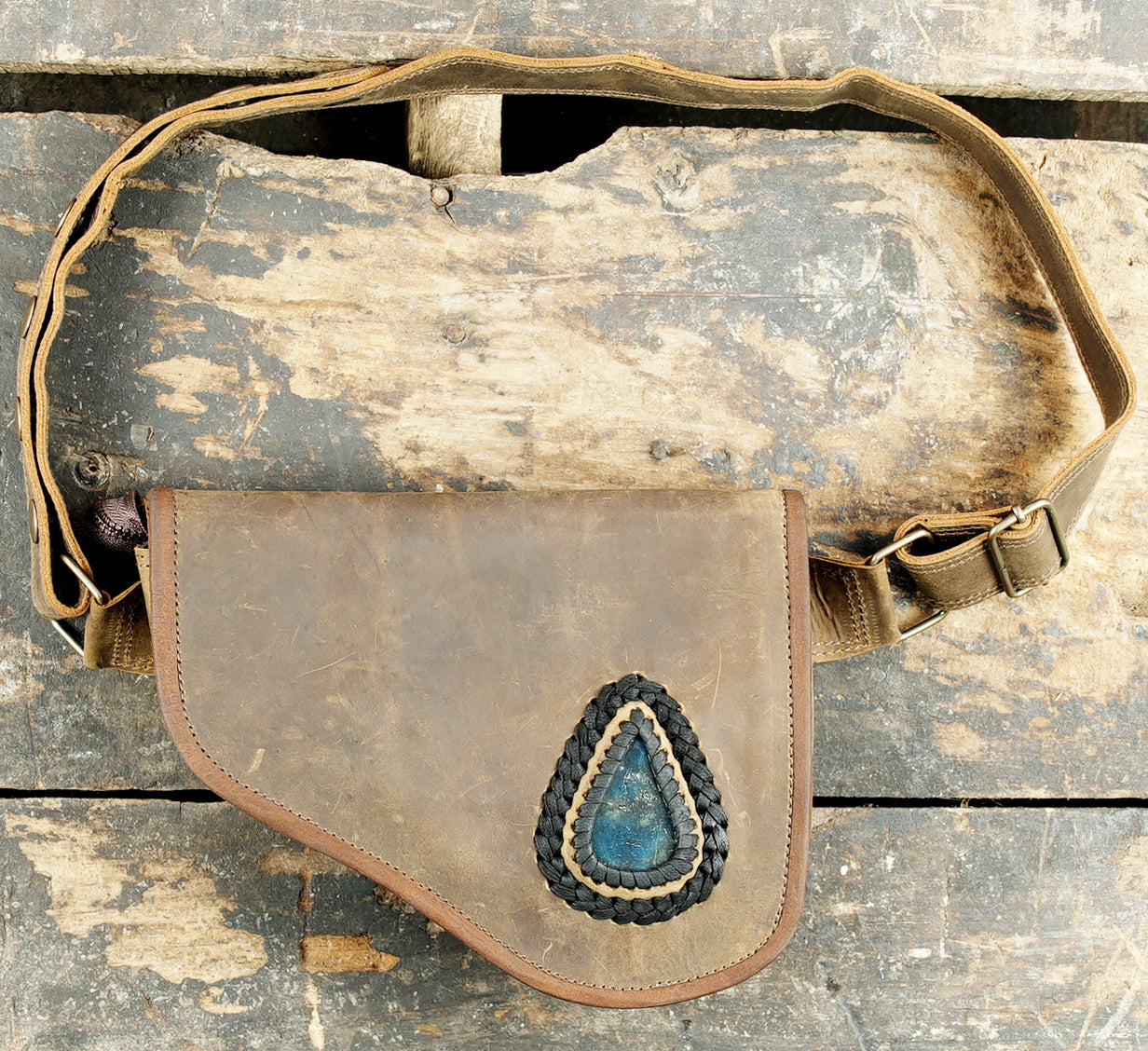 Handmade Quilted Leather Waist Belt with Zipper Pocket