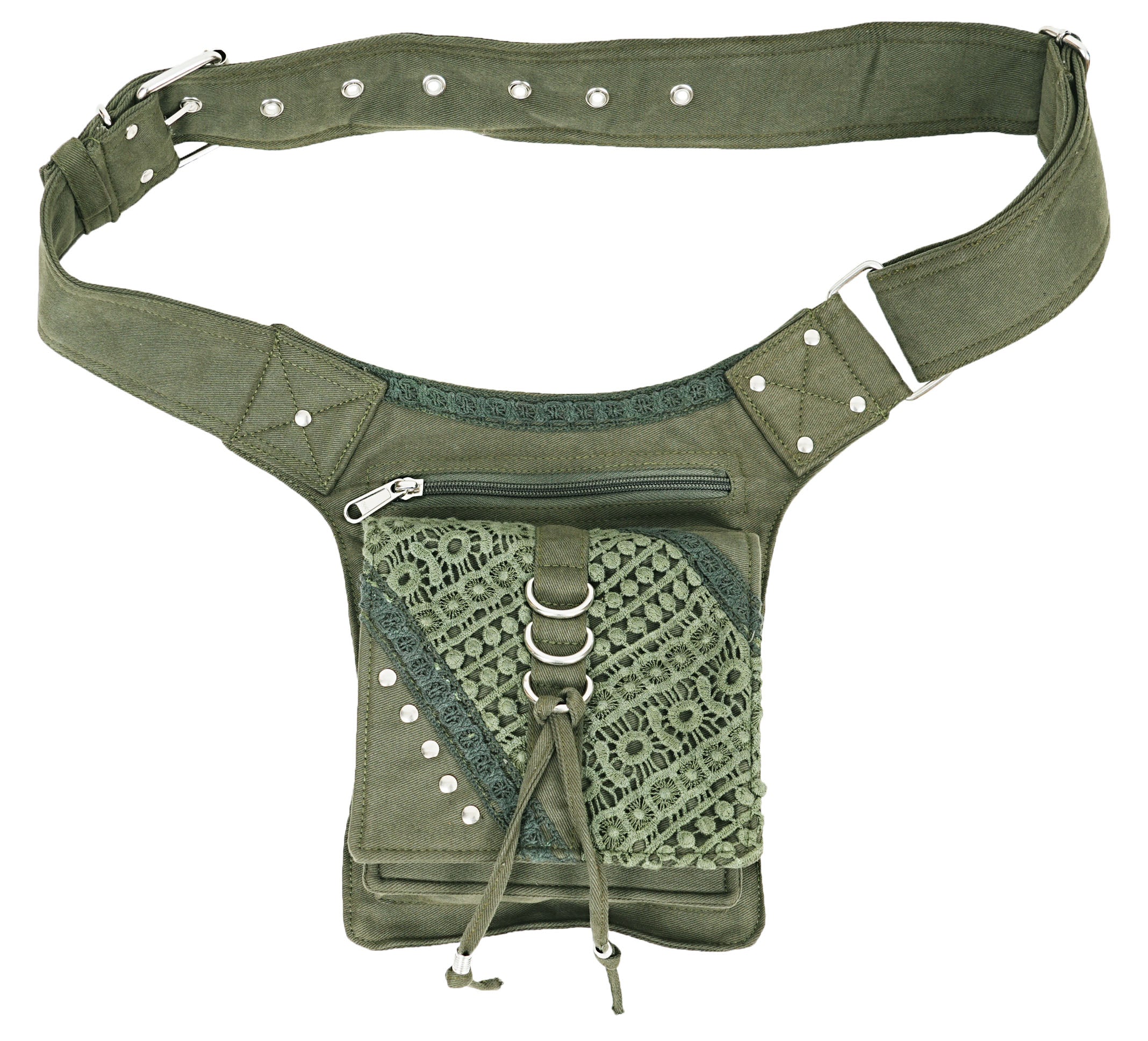 Adjustable tribal belt bag with zippered front pocket