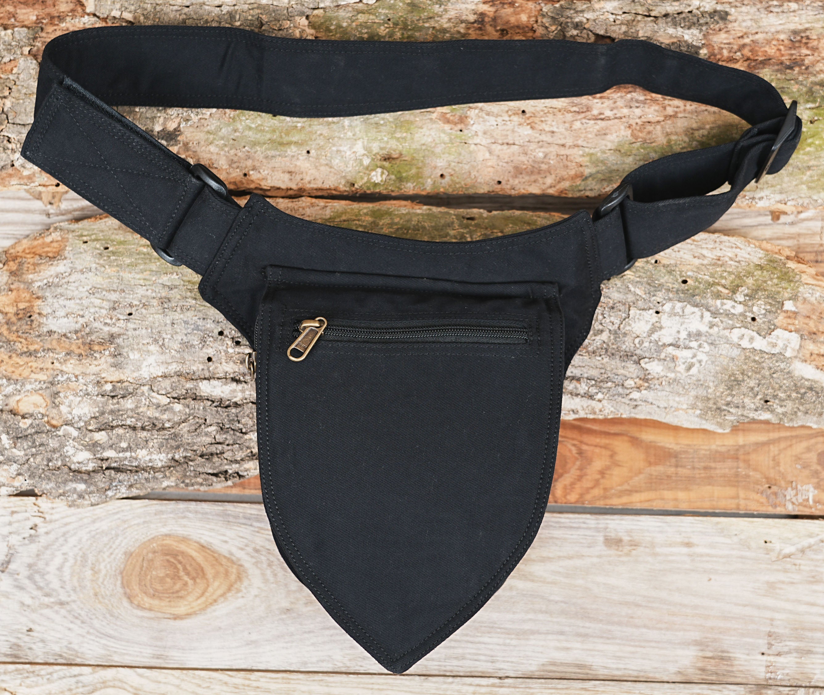 Black minimalist utility belt bag with brass zipper pocket