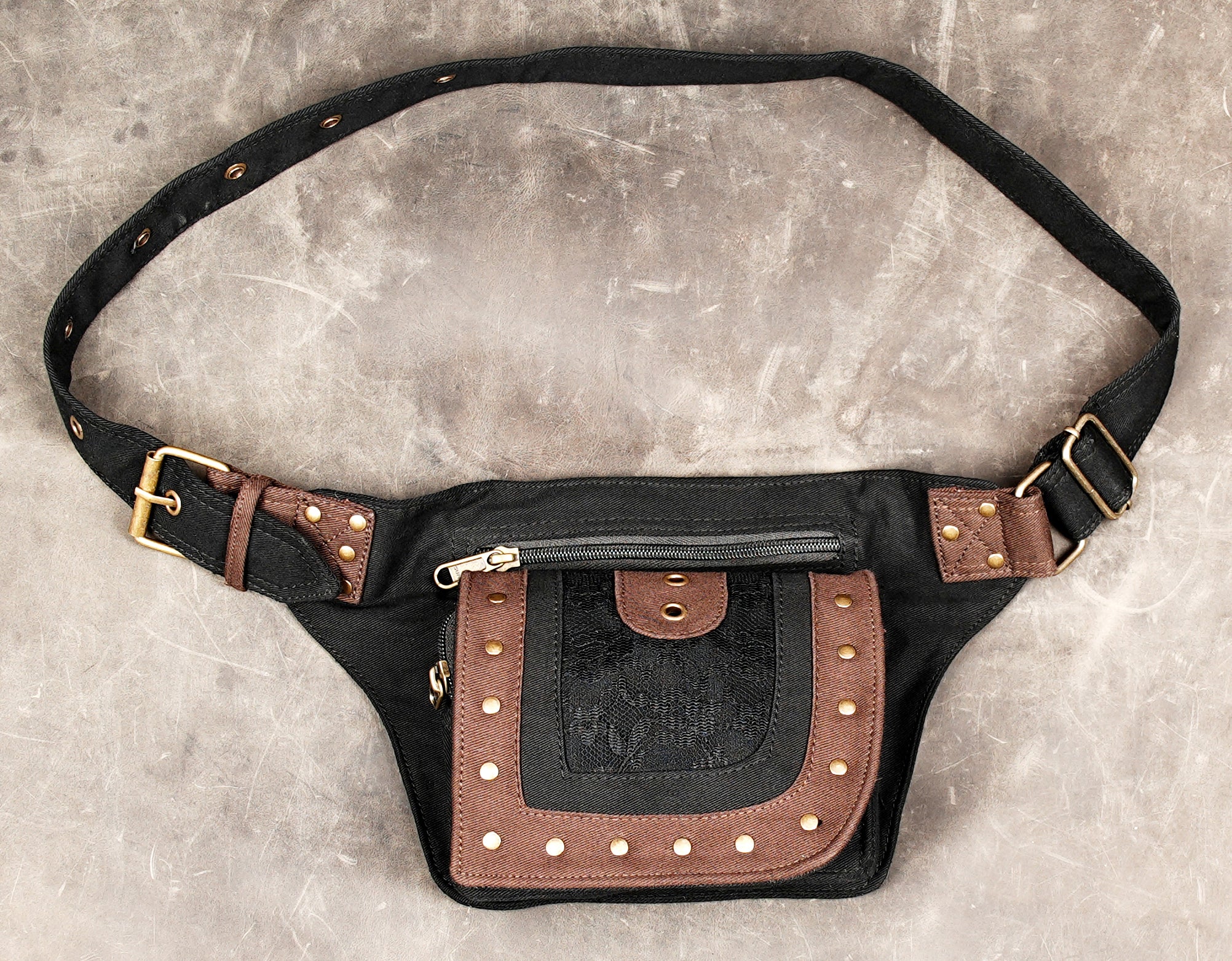 Black cotton fanny pack with antique brass hardware