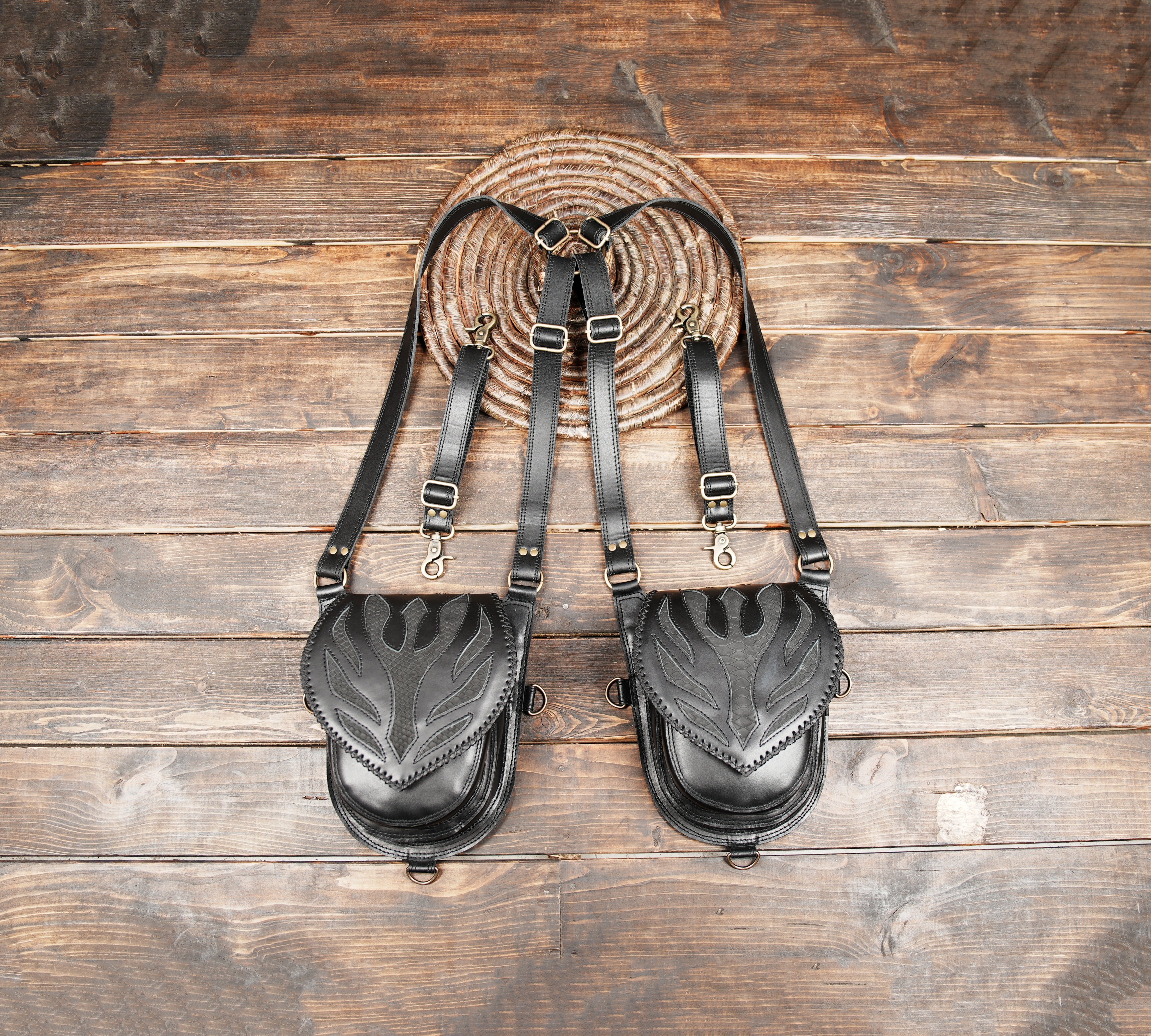 Handmade black leather shoulder holster