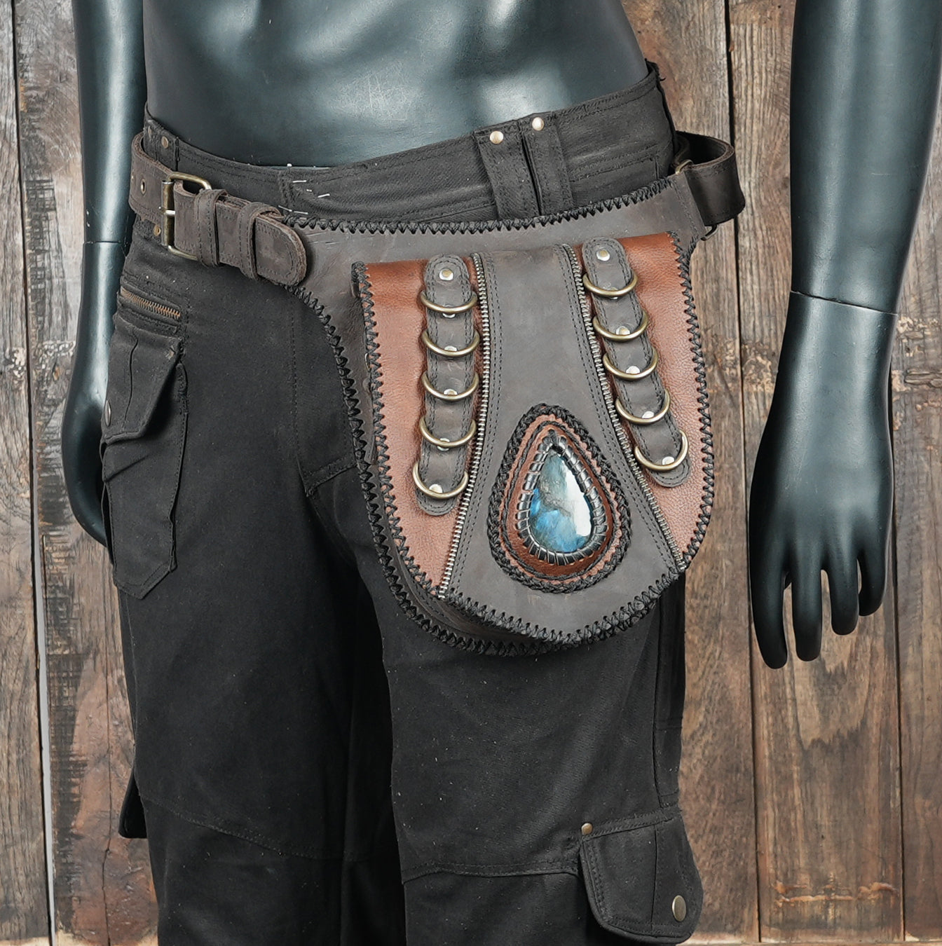 Handmade cosplay leather belt bag with layered stitched panels