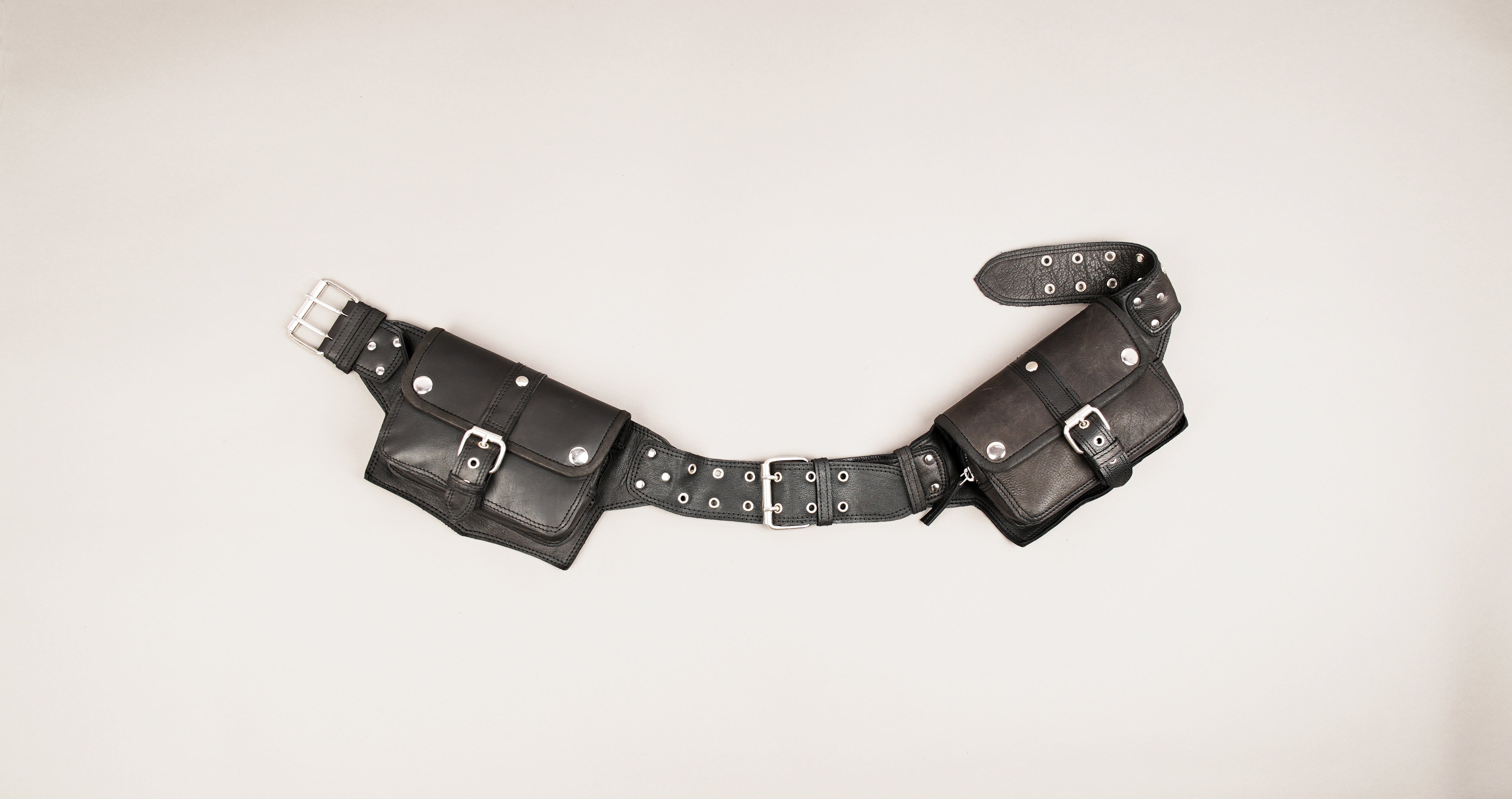 Black Leather Waist Belt with Dual Utility Pouches