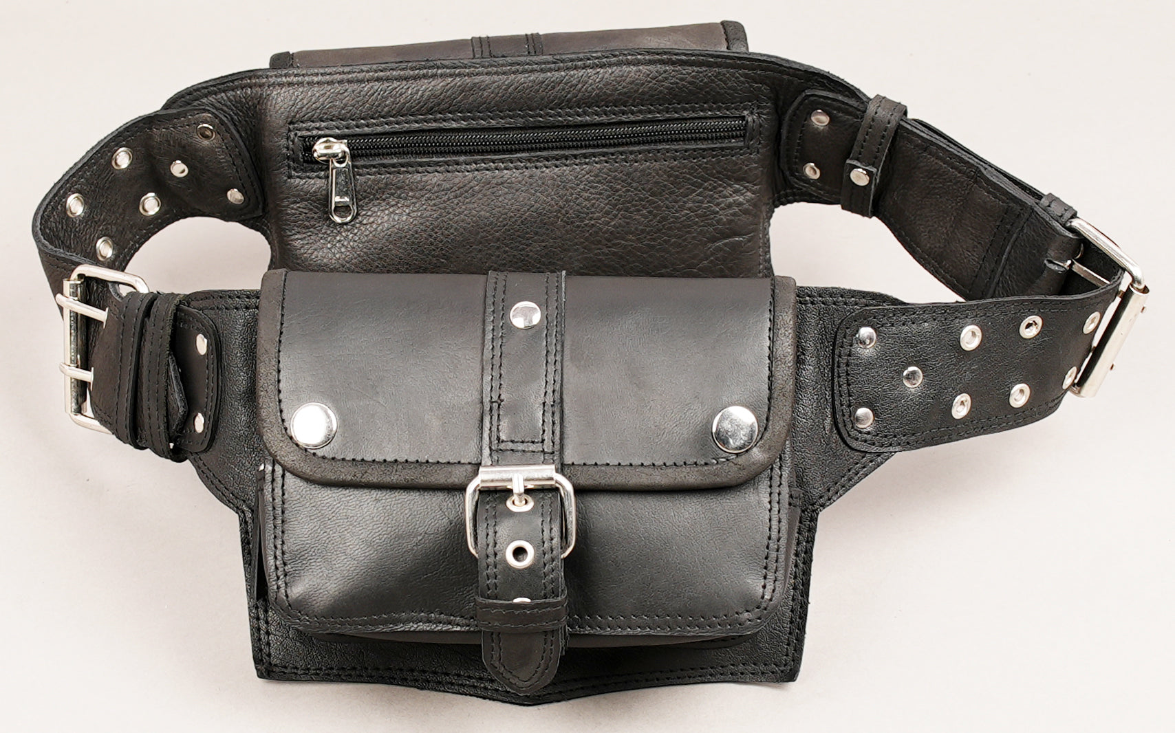 Leather waist belt with dual front pouches