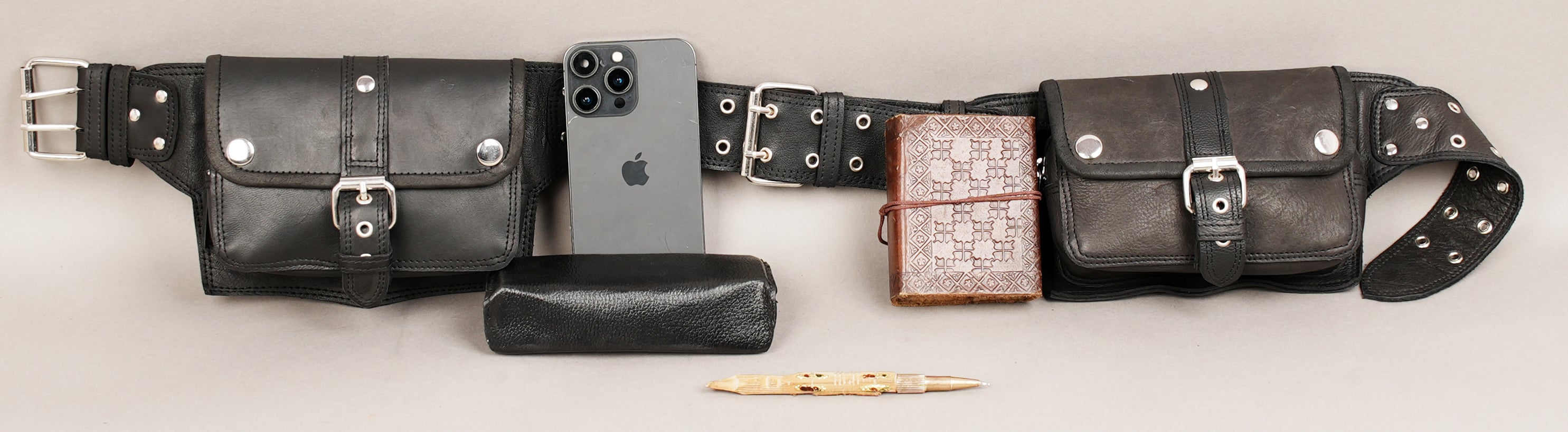 Leather waist belt with durable stitching and buckles