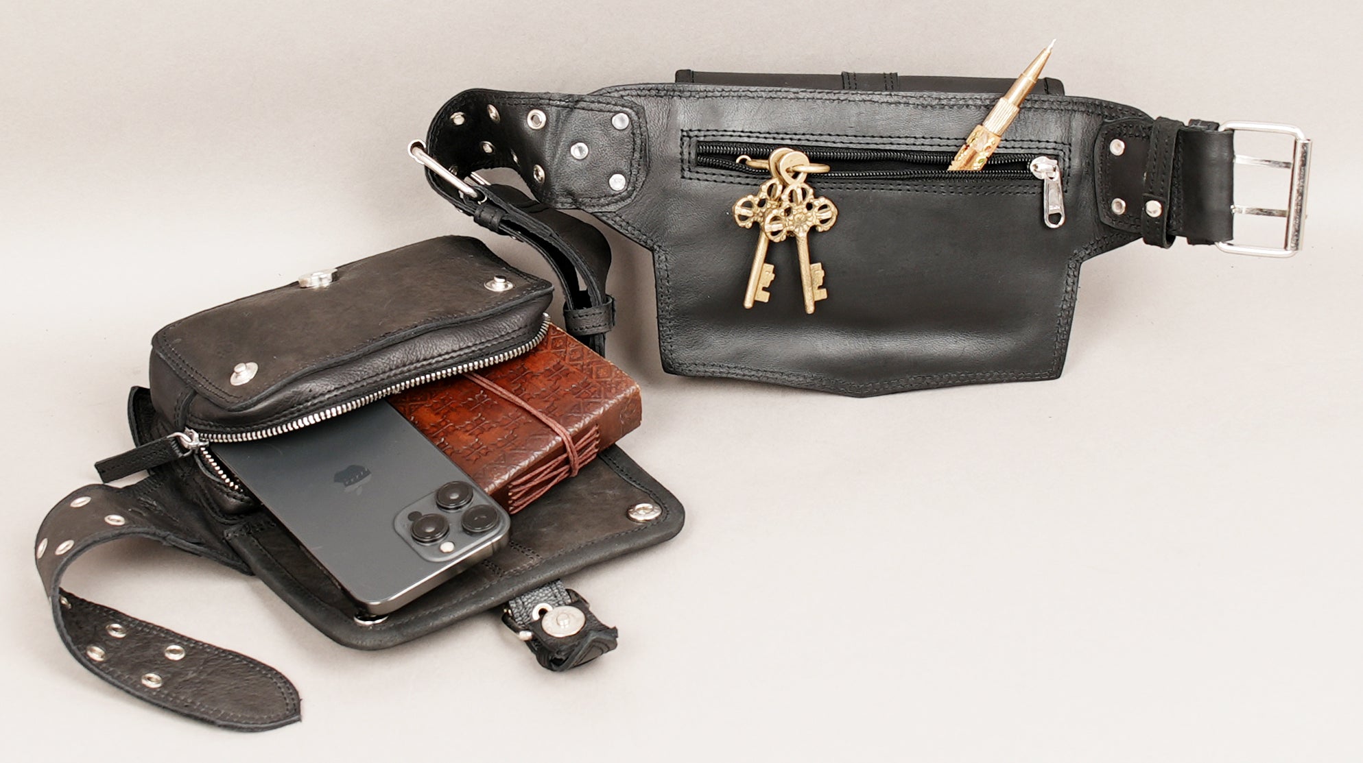 Leather hip belt with utility storage pockets