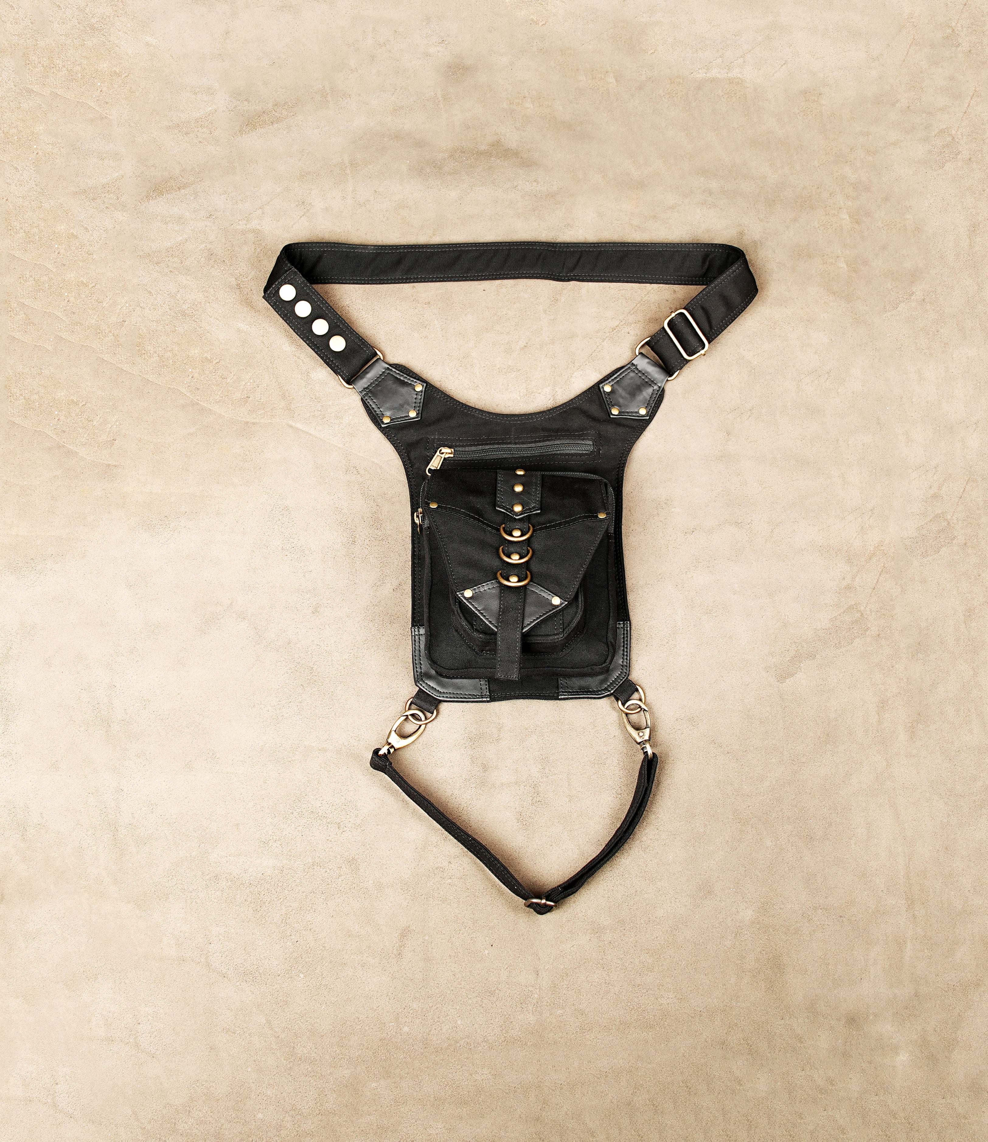 Festival hip pack with leg fastener in durable washed cotton canvas.