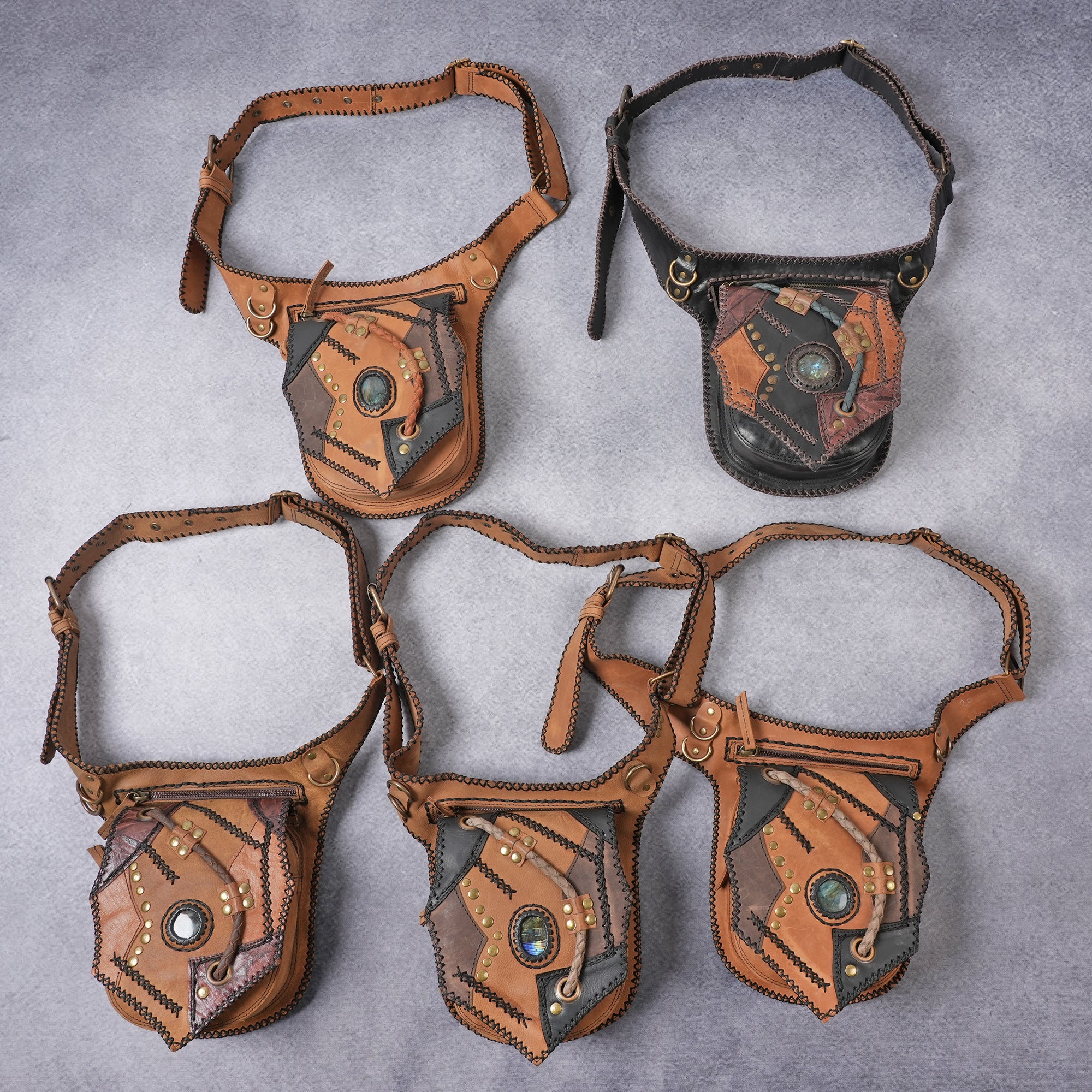 Handmade Steampunk Style Leather Waist Pouch with Gemstone || Boho Patchwork Leather Waist Bag(LT-AB-WB-6026)