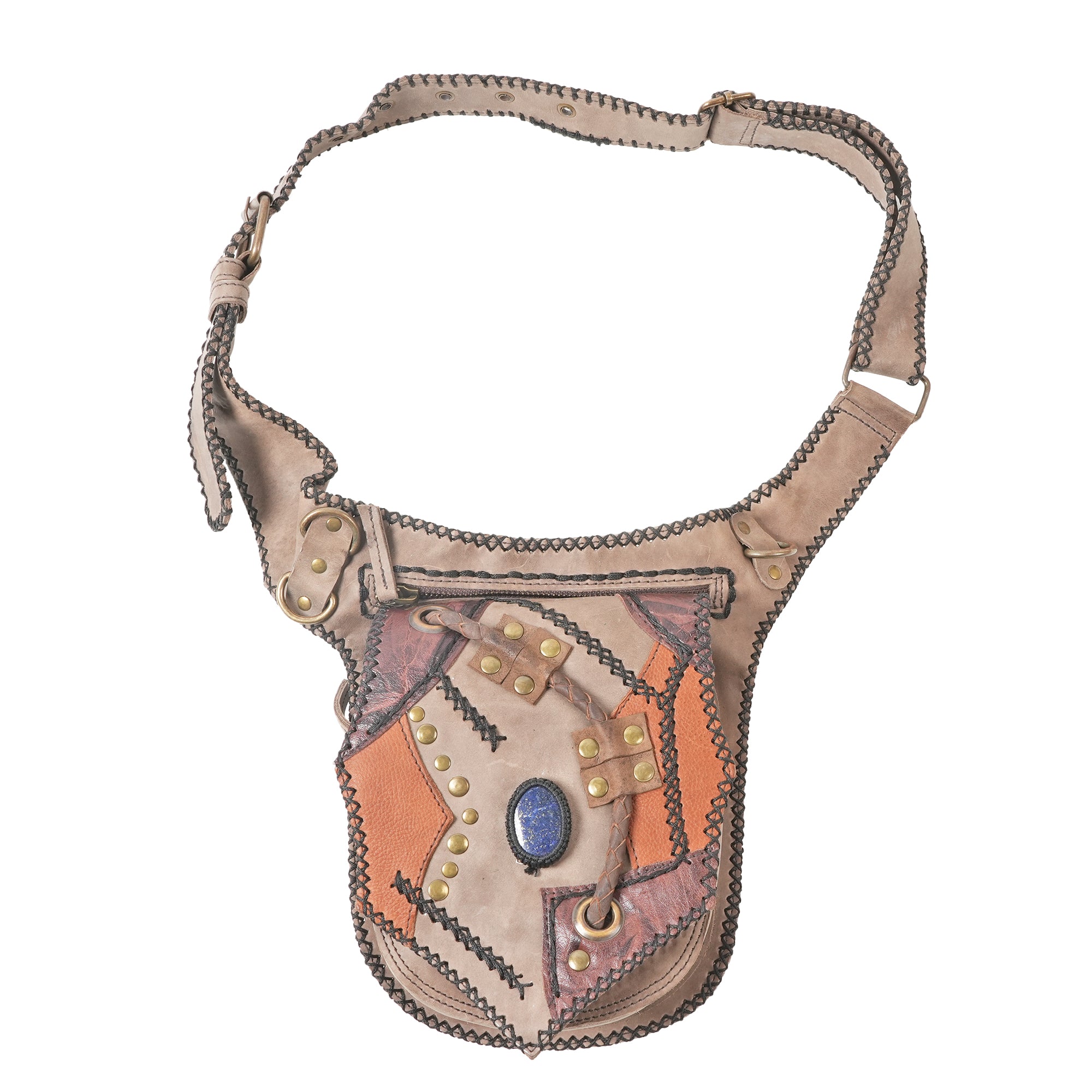 Handmade Steampunk Style Leather Waist Pouch with Gemstone || Boho Patchwork Leather Waist Bag(LT-AB-WB-6026)