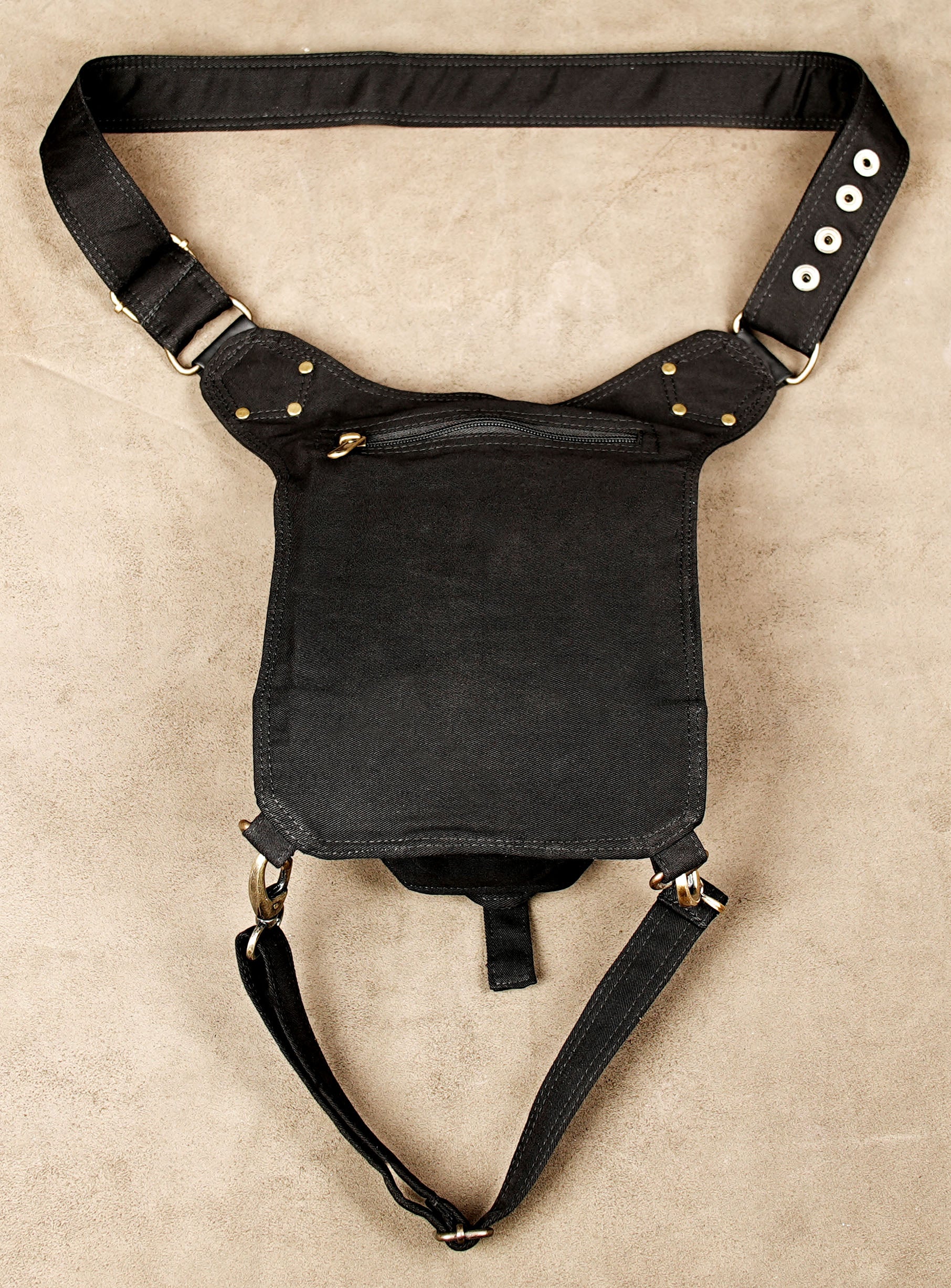 Boho psytrance festival utility thigh pouch in durable cotton fabric.
