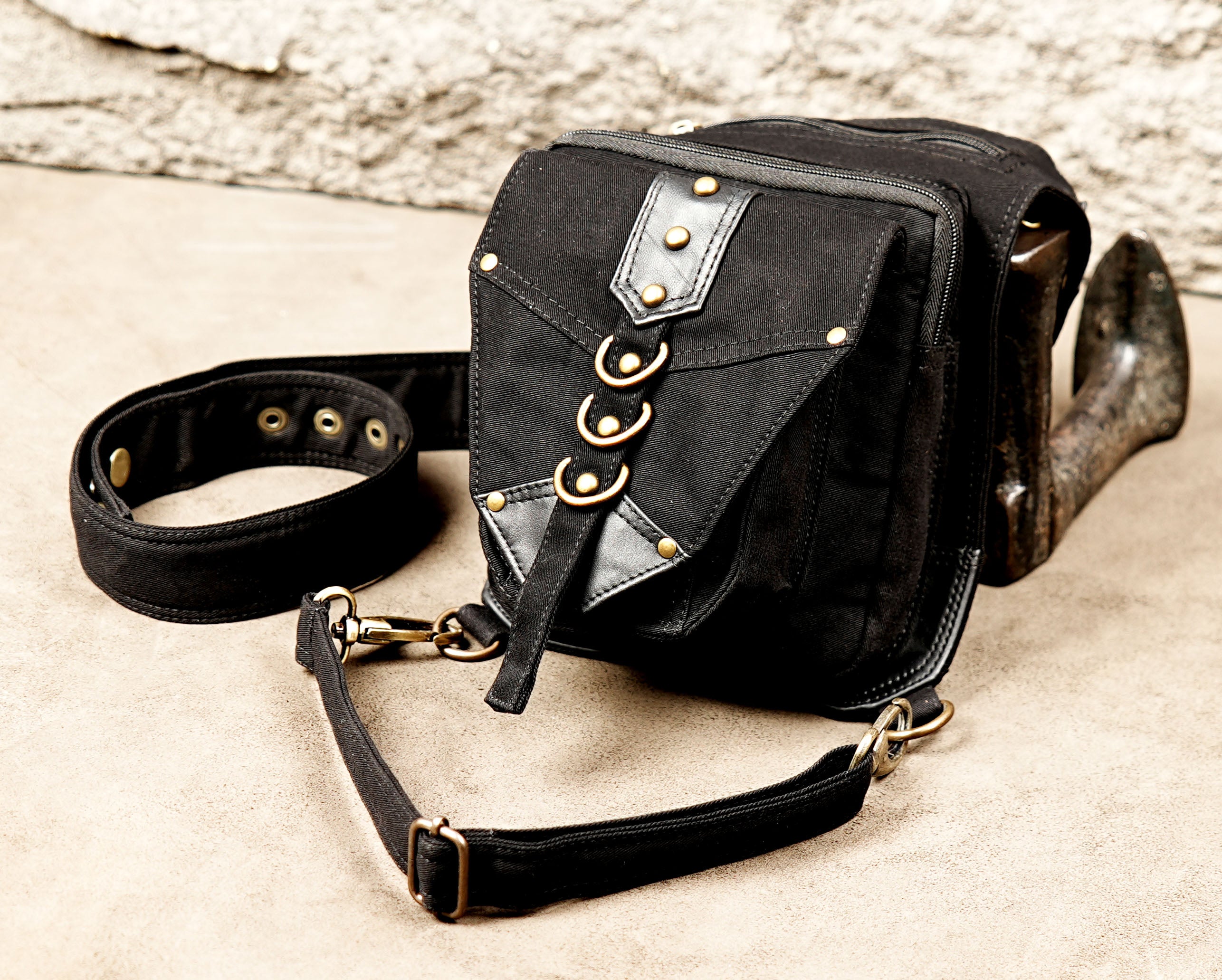 Motorcycle drop leg pouch made from breathable handmade cotton fabric.