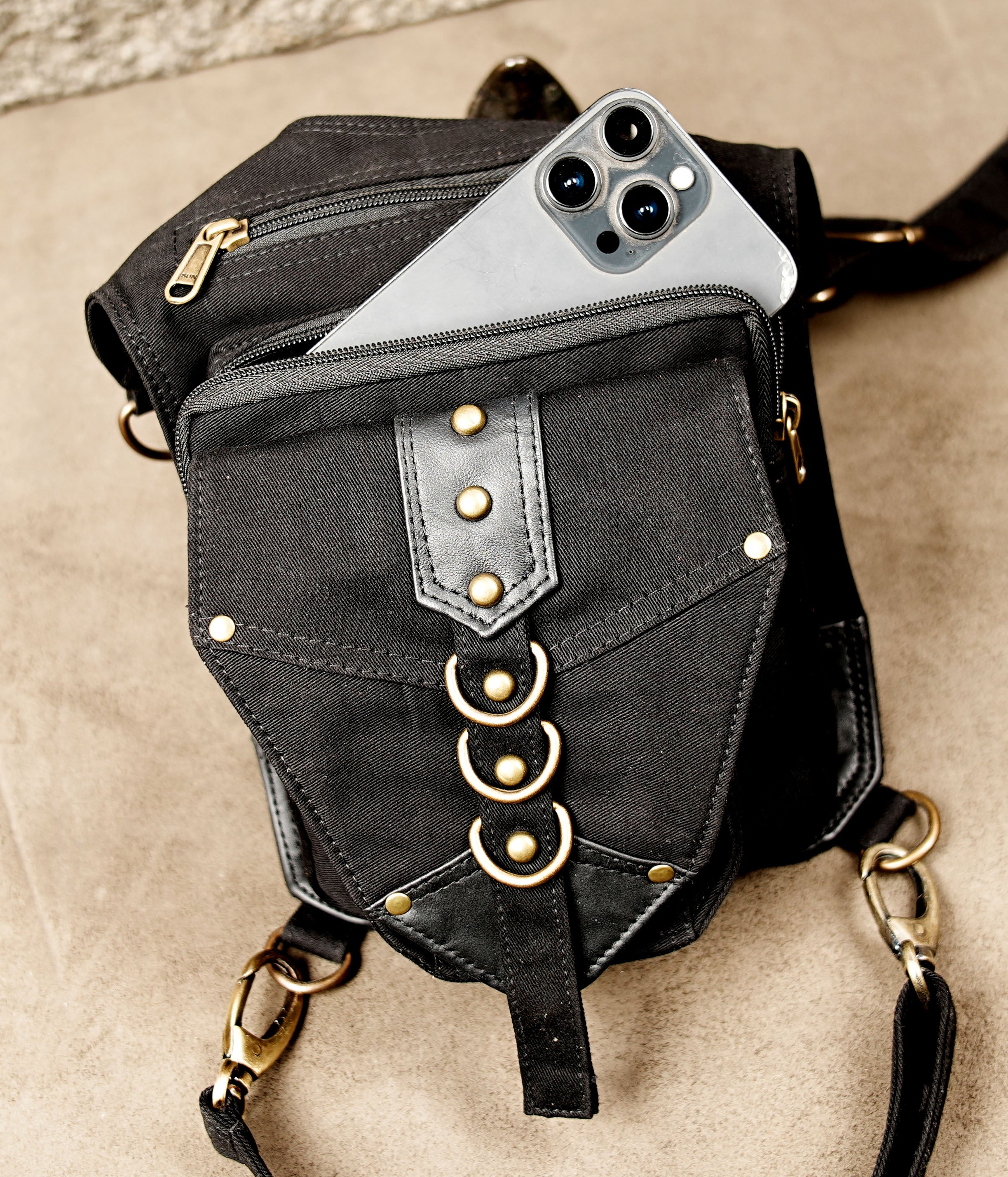 Handmade drop leg utility belt bag for outdoor travel, concerts, and music festivals.