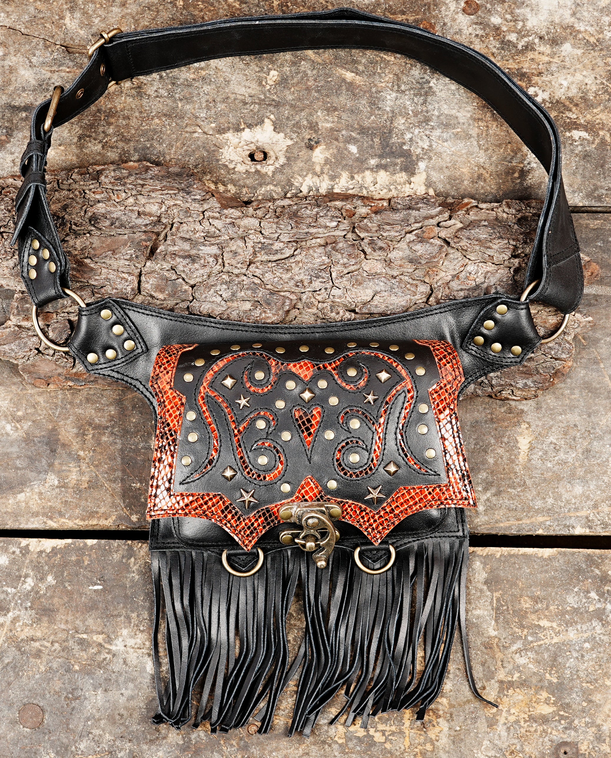 Handmade Western Leather Waist Belt with Fringe and Stud Detail || Black Leather Waist Belt with Red Snakeskin Accent and Fringe (LT/AB/WB/6162)