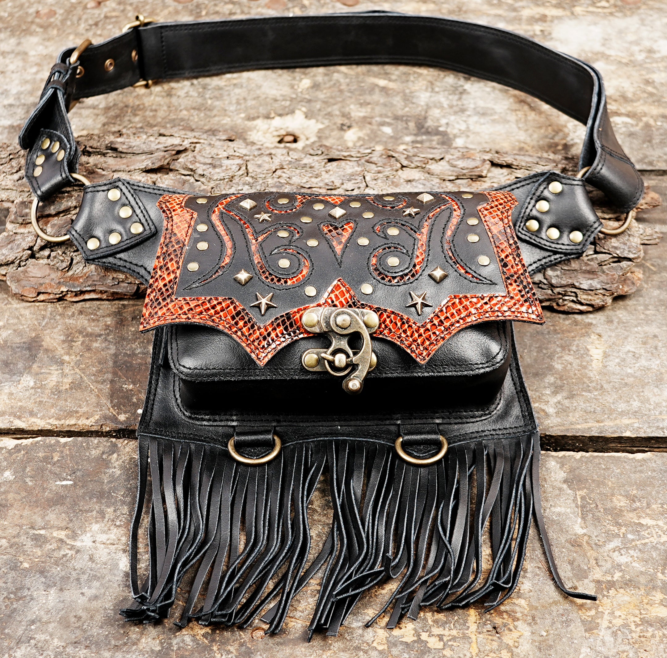 Handmade fringe leather belt with black leather and ornate western detailing