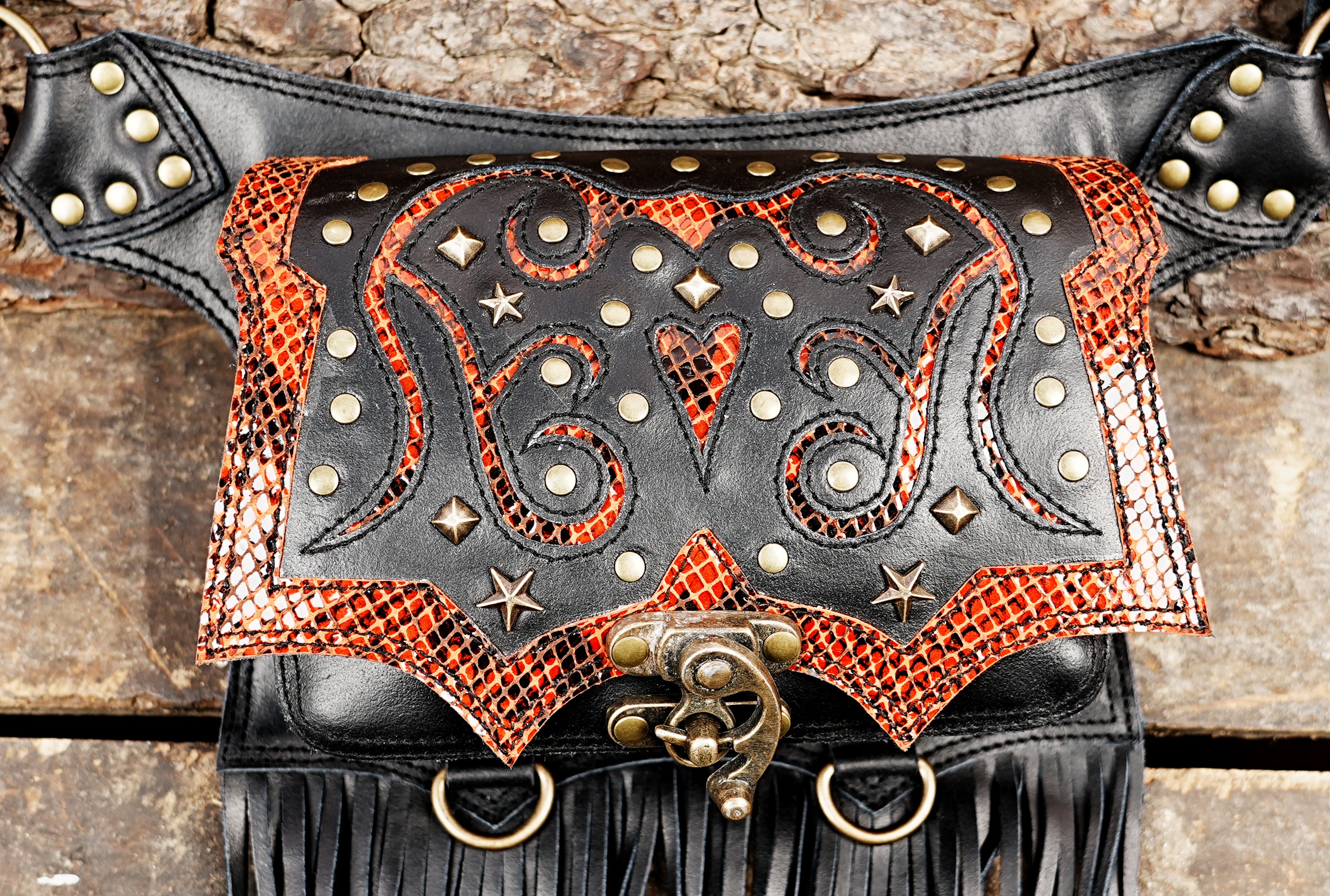 Handmade Western Leather Waist Belt with Fringe and Stud Detail || Black Leather Waist Belt with Red Snakeskin Accent and Fringe (LT/AB/WB/6162)