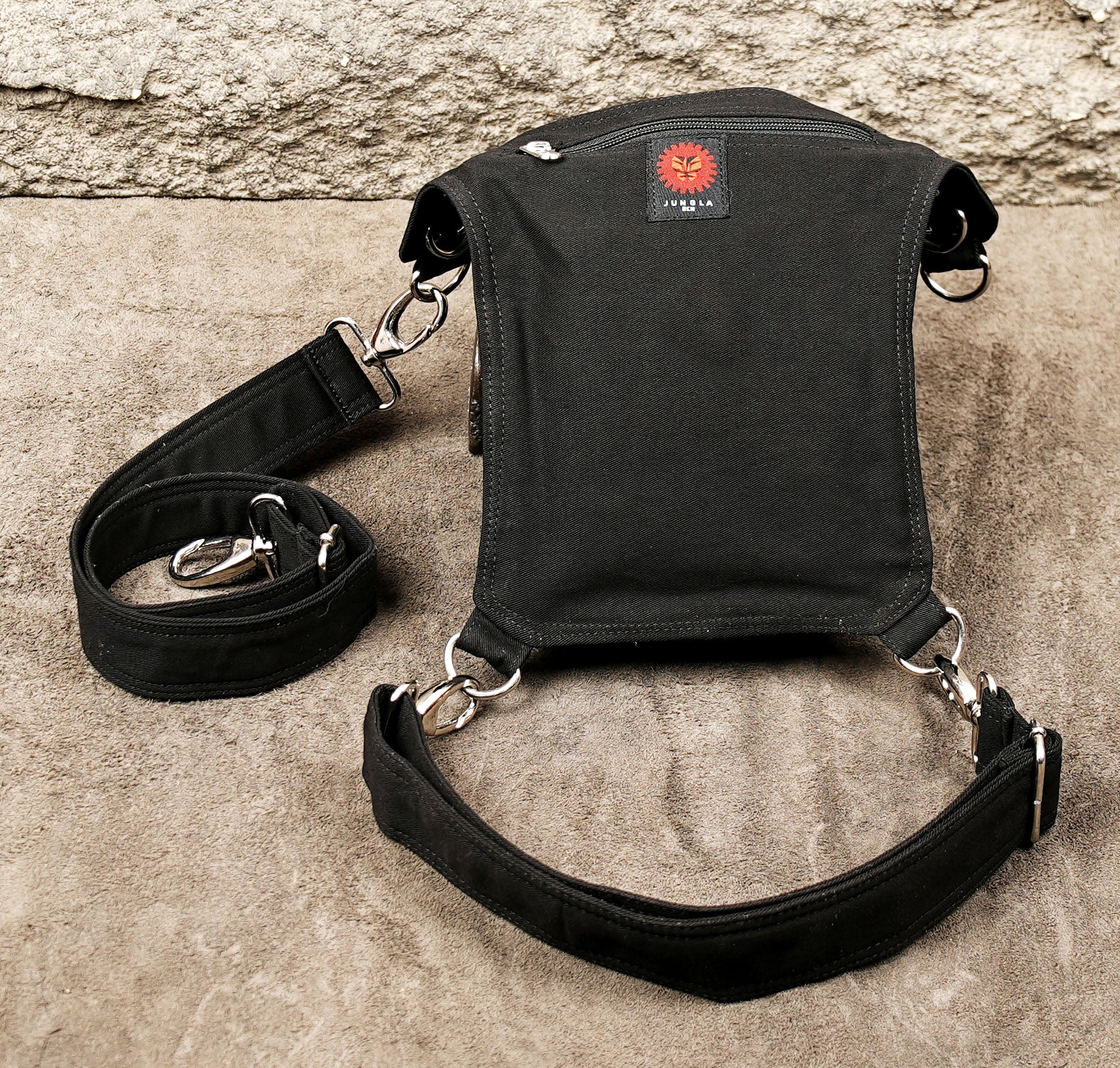 Cotton pouch with silver ring accent and front zip pocket