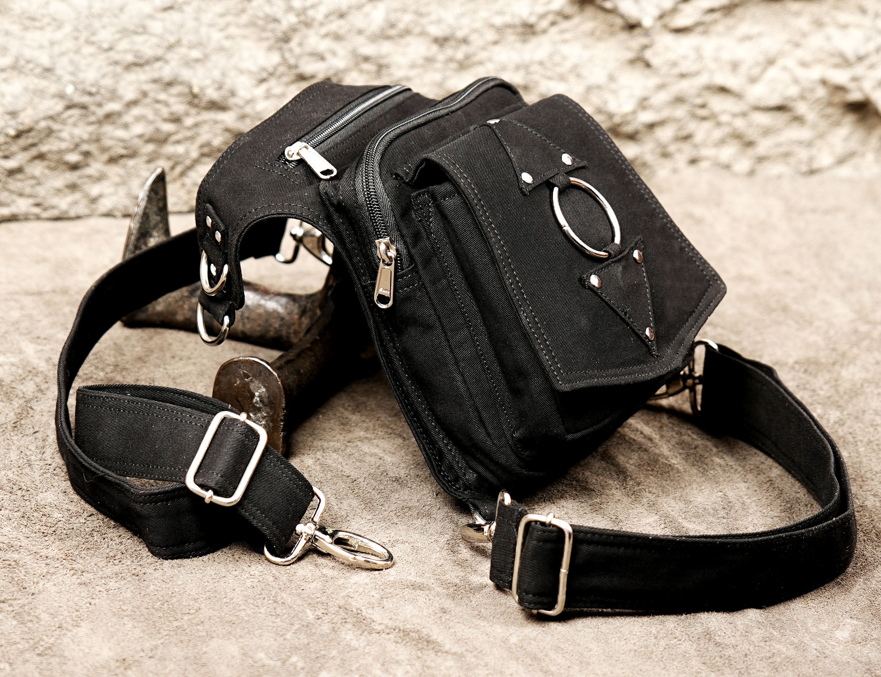 Adjustable waist to thigh bag with multiple attachment points