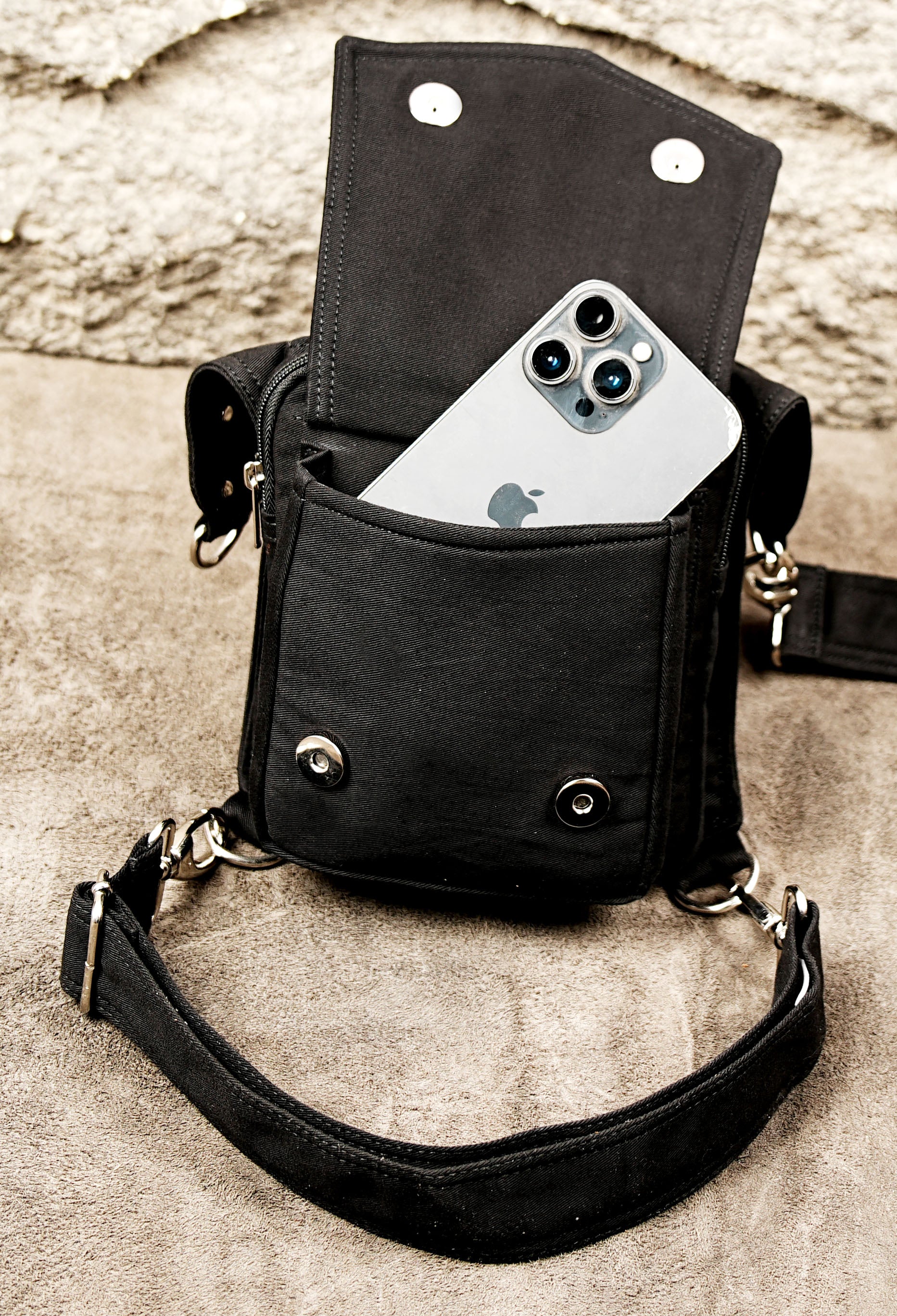 Festival accessory bag with silver O-ring and zip compartment