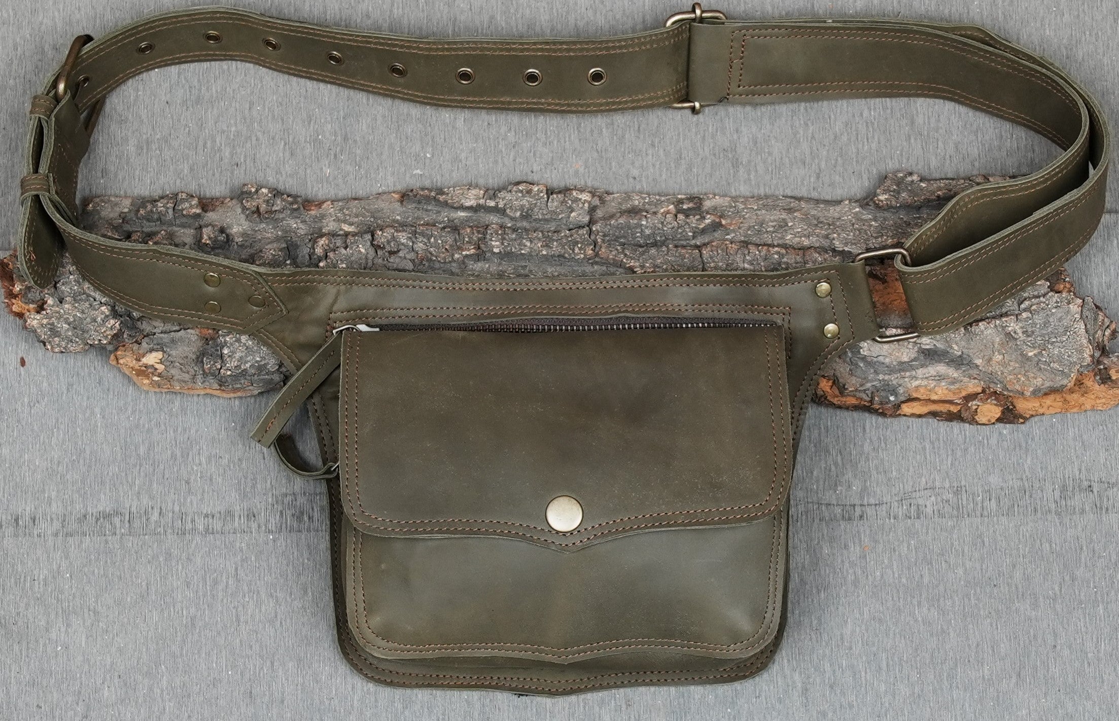 Black leather fanny pack style belt with adjustable buckle