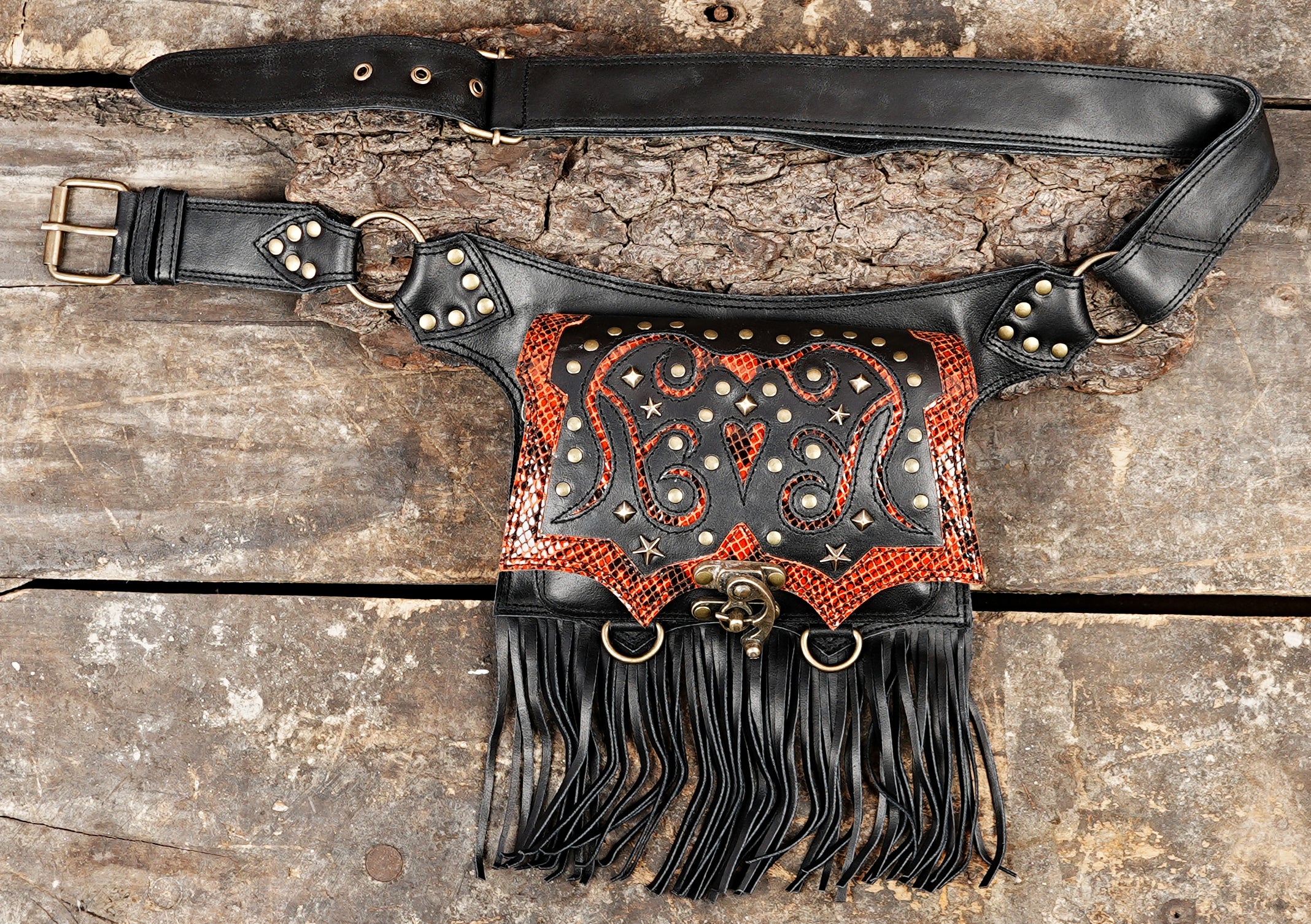 Black and red leather waist belt with fringe and handcrafted embellishments