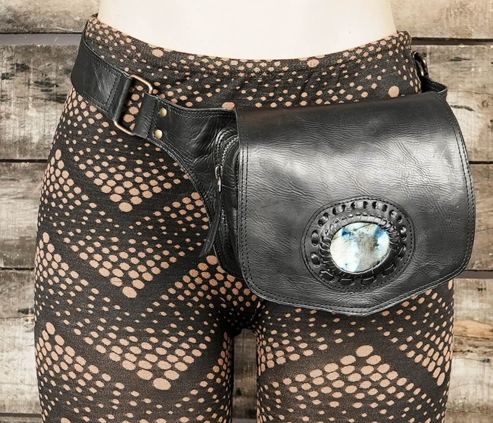 Handmade black leather hip belt bag with gemstone feature