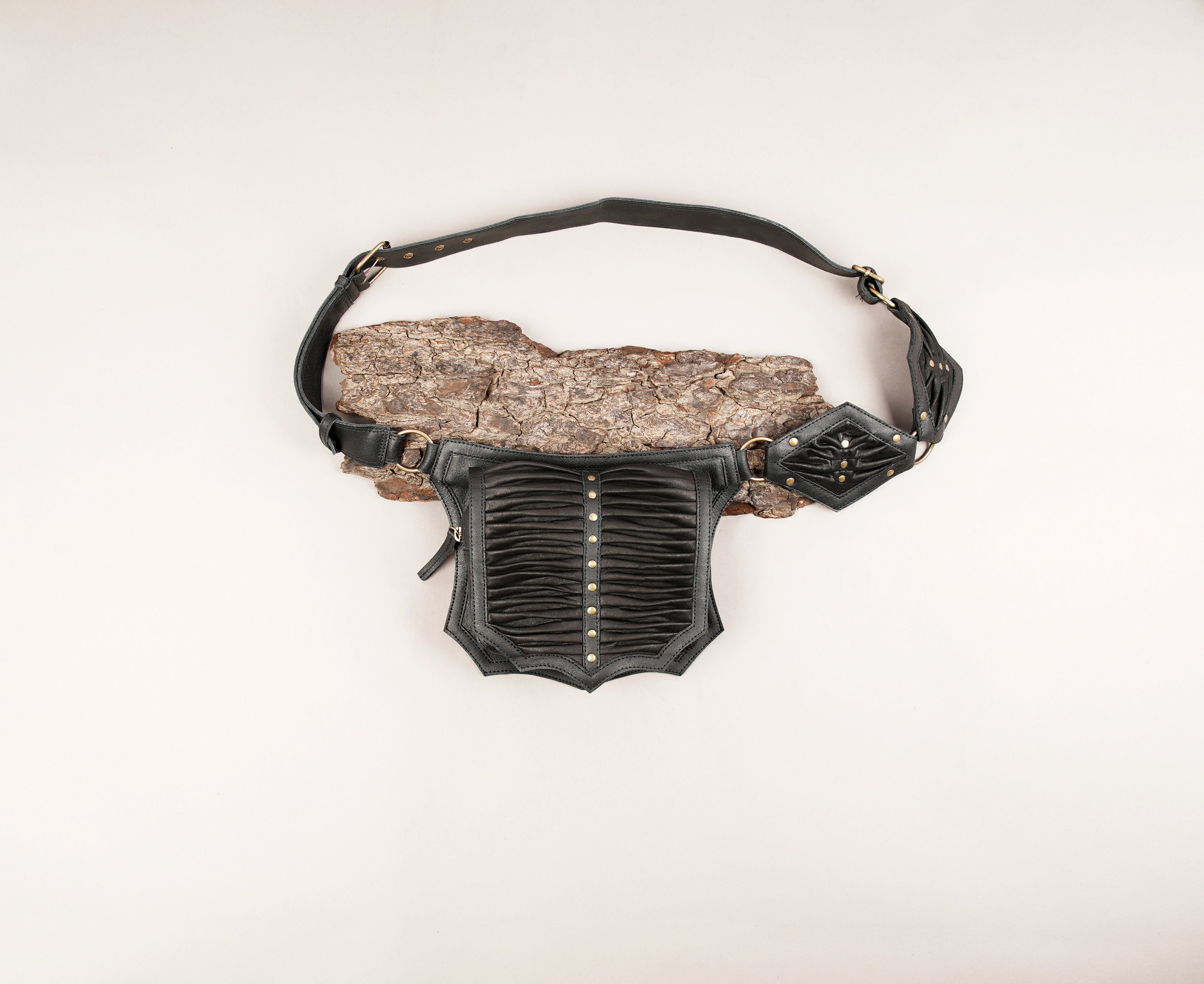 Handcrafted black leather waist belt with pleated front pouch