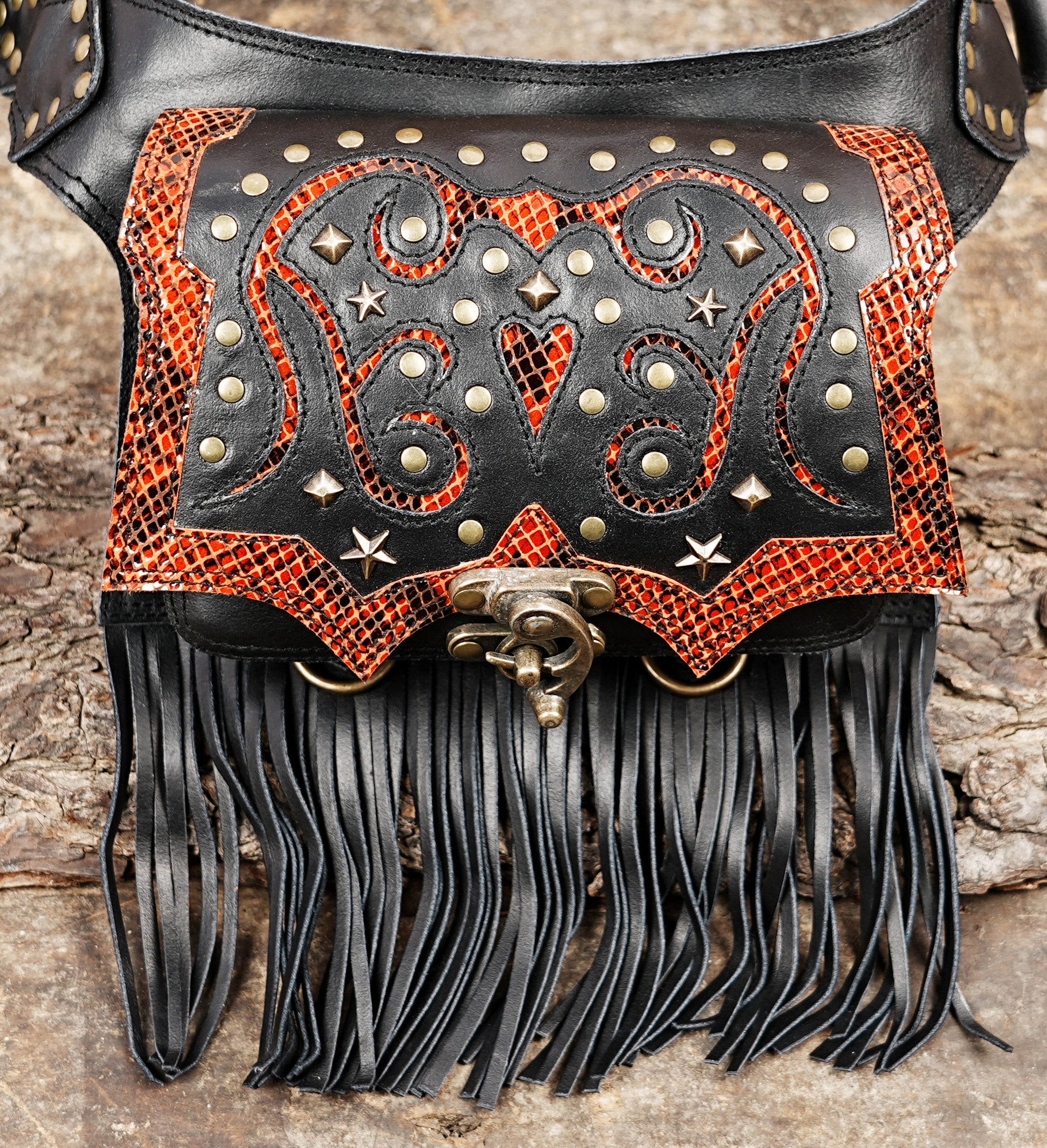 Handmade Western Leather Waist Belt with Fringe and Stud Detail || Black Leather Waist Belt with Red Snakeskin Accent and Fringe (LT/AB/WB/6162)