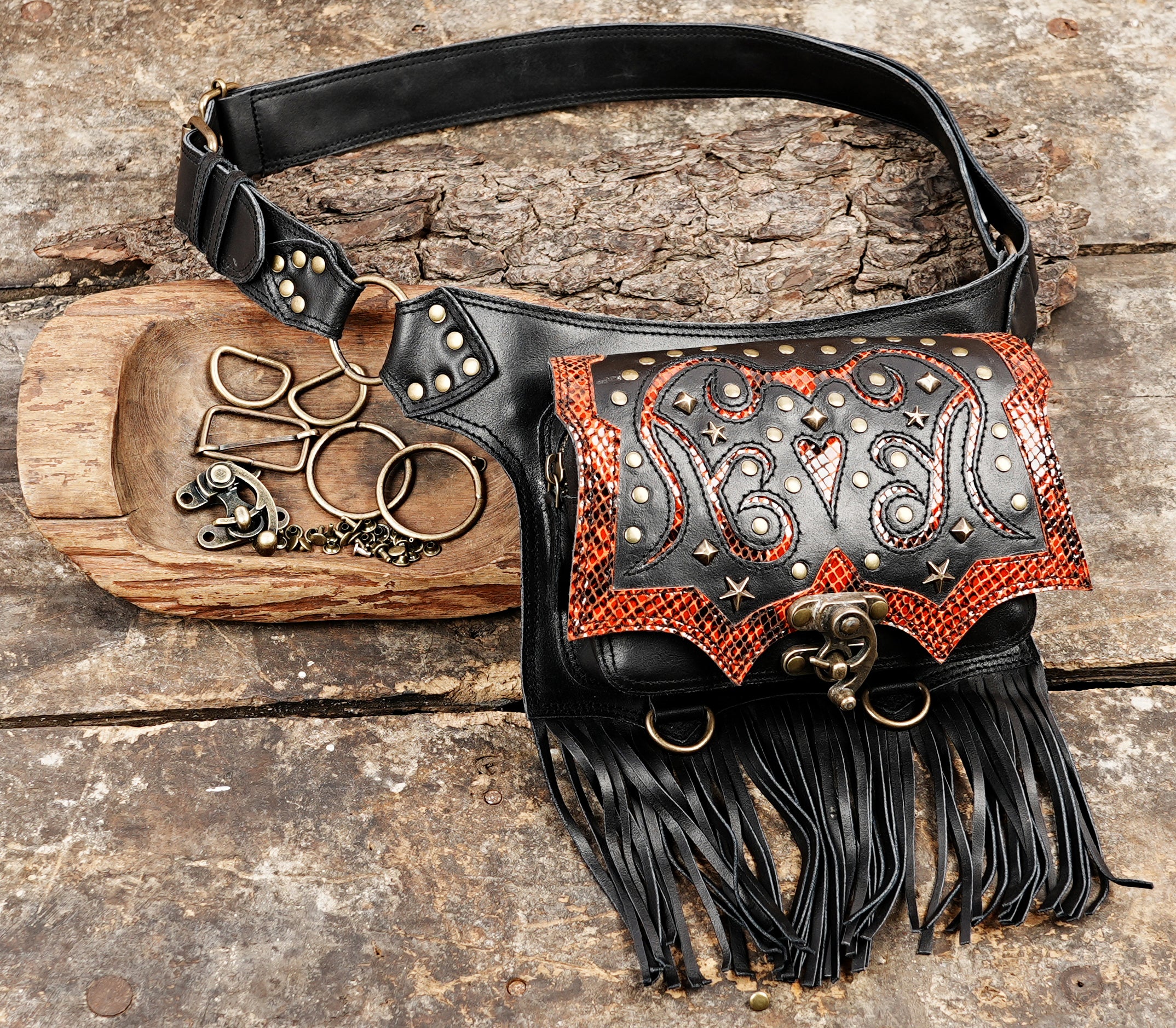 Handmade Western Leather Waist Belt with Fringe and Stud Detail || Black Leather Waist Belt with Red Snakeskin Accent and Fringe (LT/AB/WB/6162)