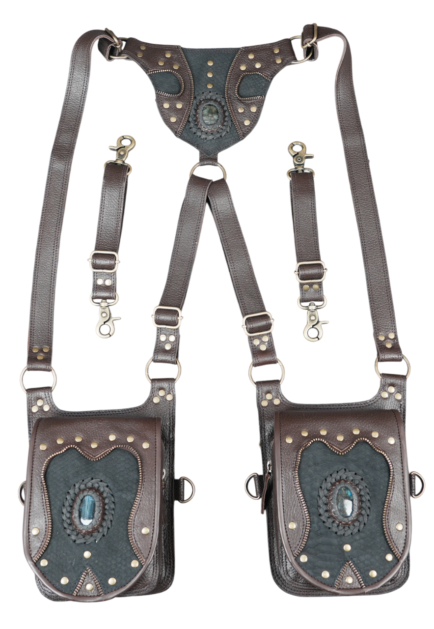 Gothic inspired leather holster with braided stone centerpiece on each pouch