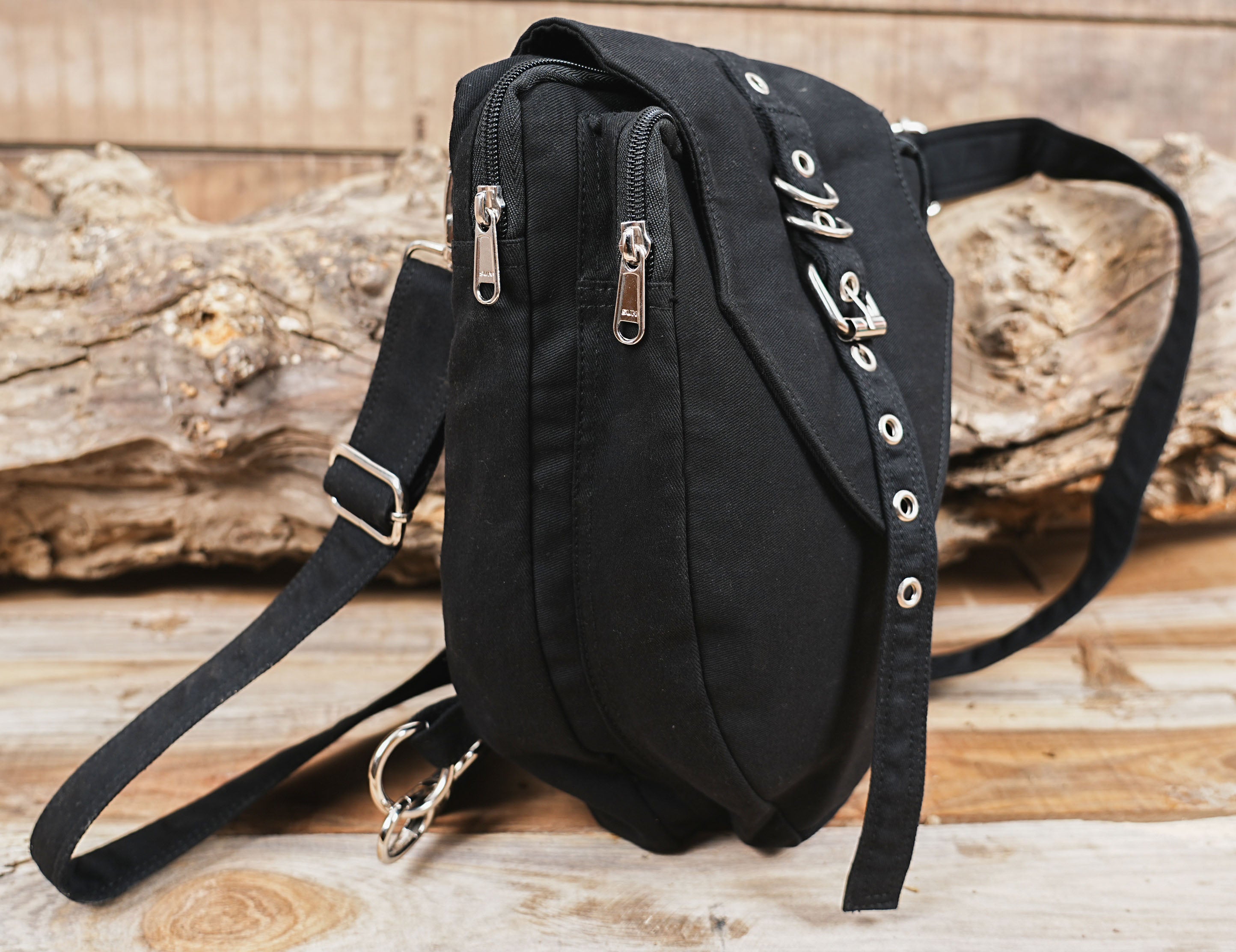 Handmade gothic utility waist pack and alternative festival shoulder holster crafted by hand