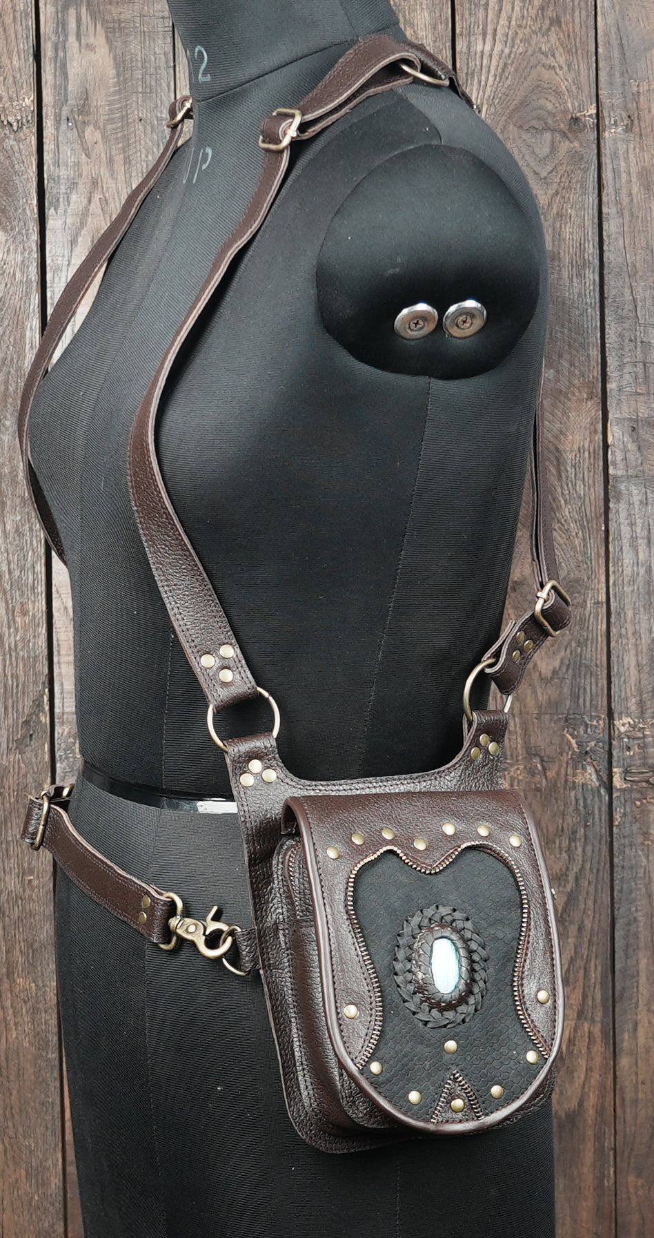 Renaissance and festival style leather holster with gemstone panel accents