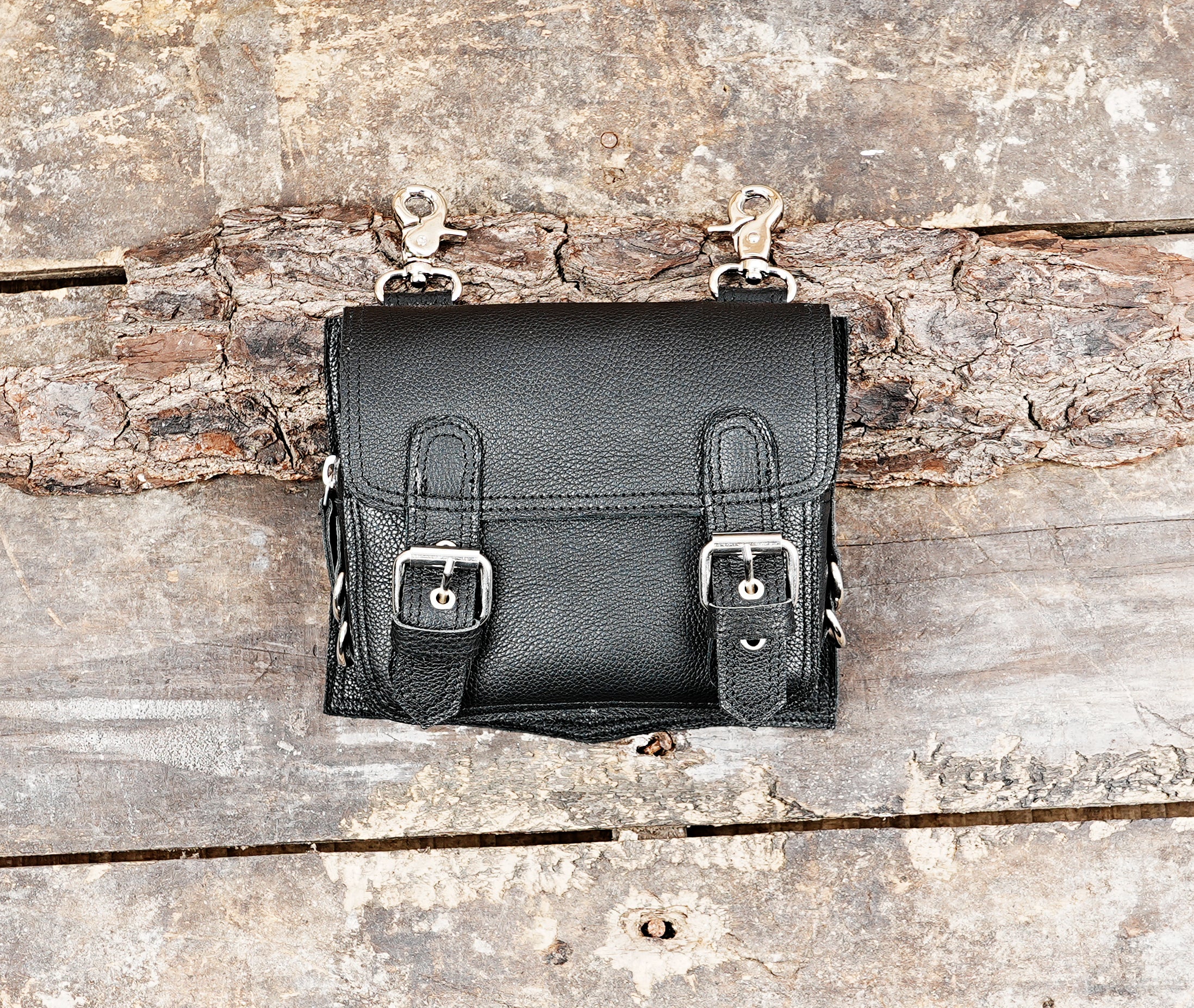 Black leather waist belt pouch with buckle straps