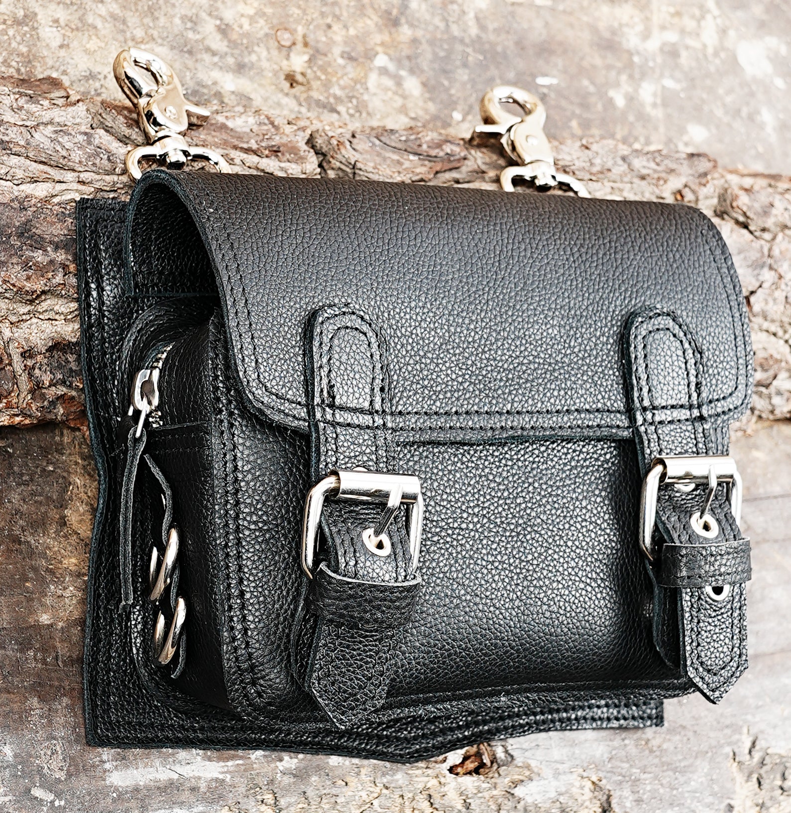 Leather waist pouch with adjustable buckle straps