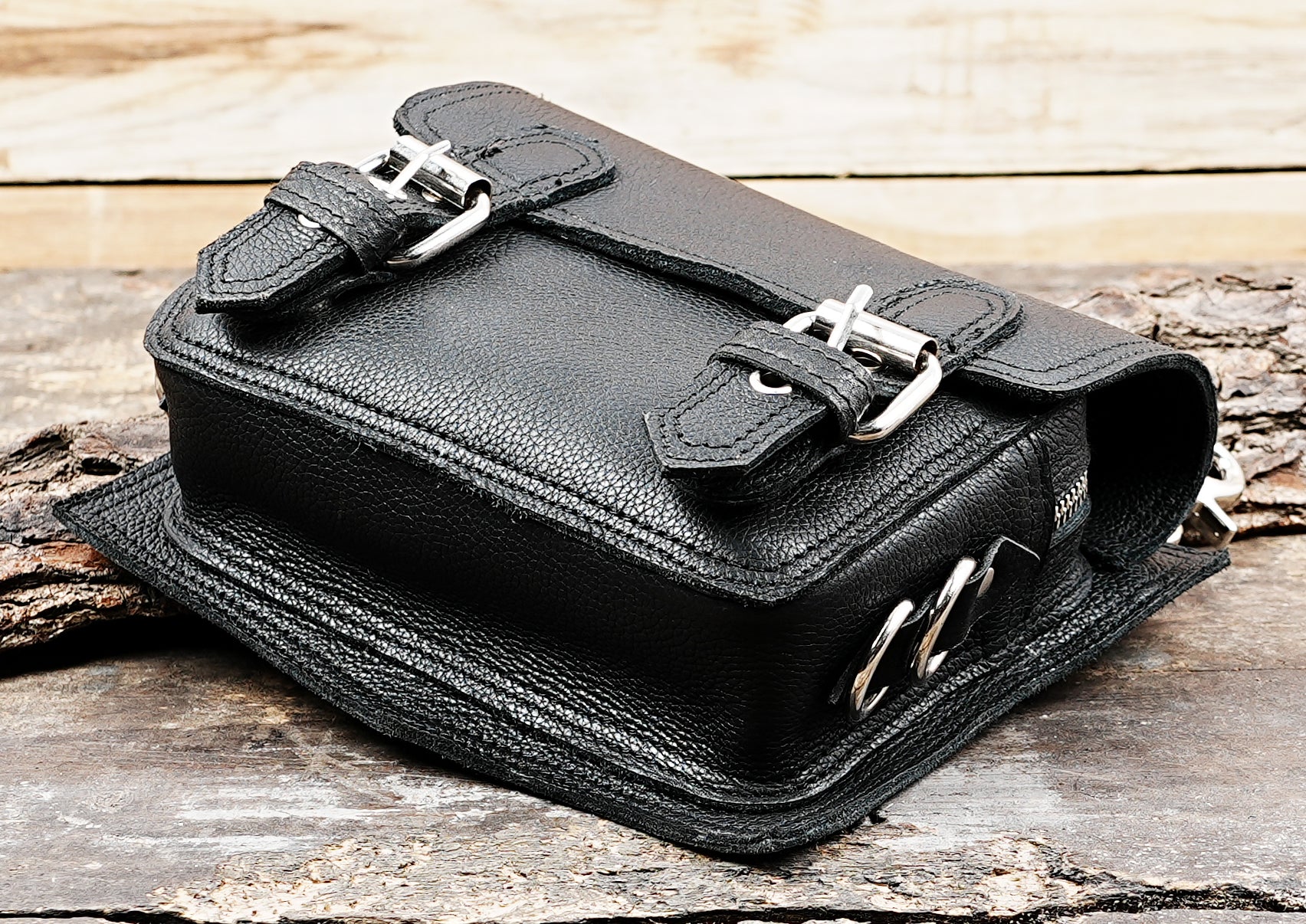 Black leather utility waist pouch with double buckles