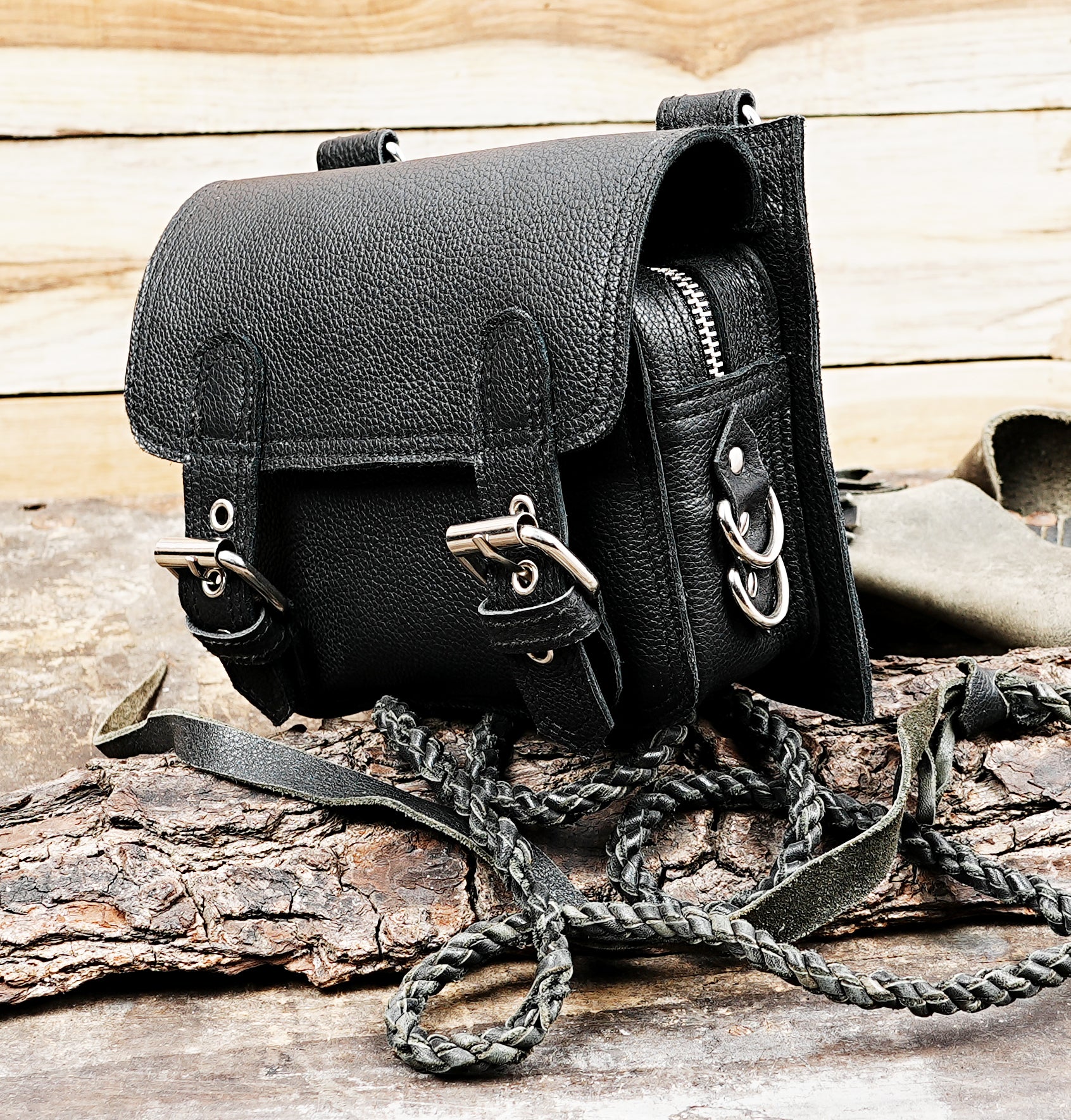 Small leather waist pouch for hands-free carry