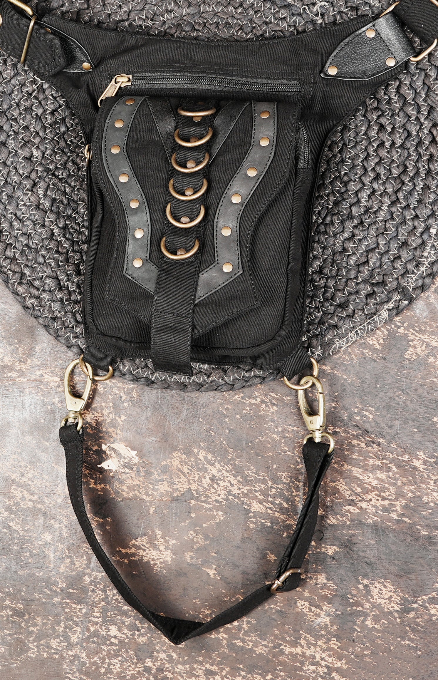 Artisan handmade cotton pouch with metal ring embellishments
