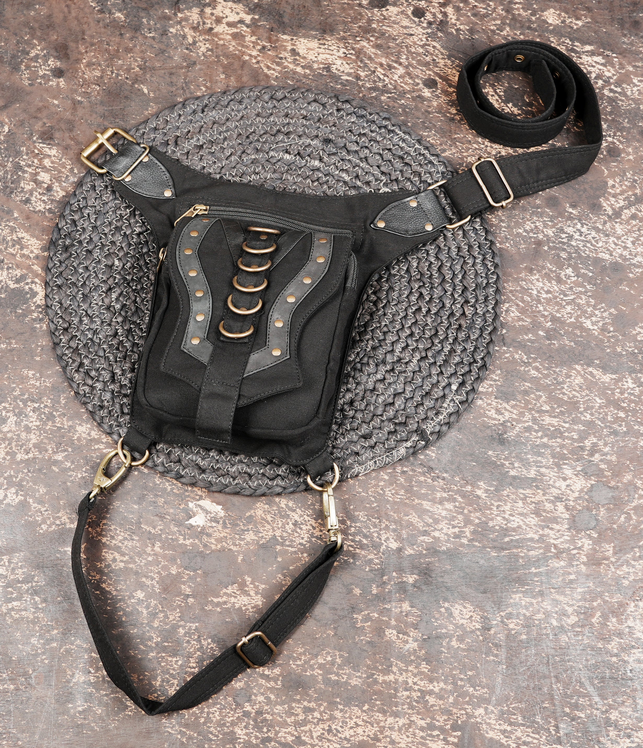 Festival accessory bag with cotton canvas and brass hardware