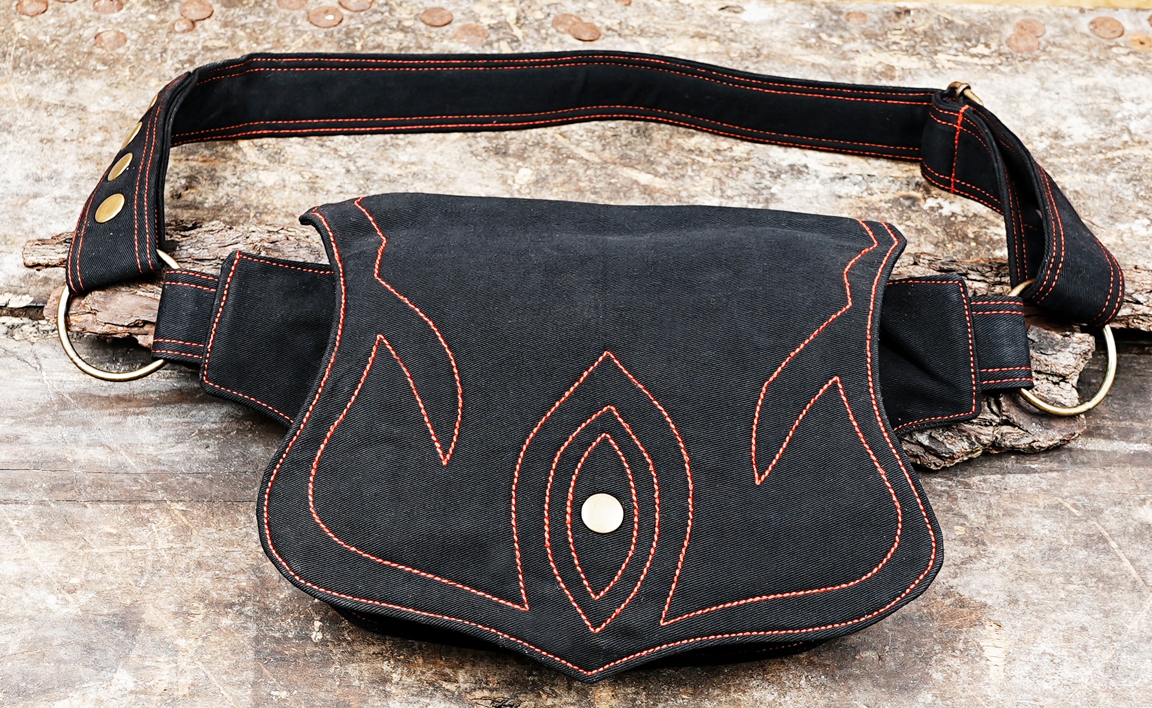 Streetwear hip pouch with flame stitch design, snap button closure