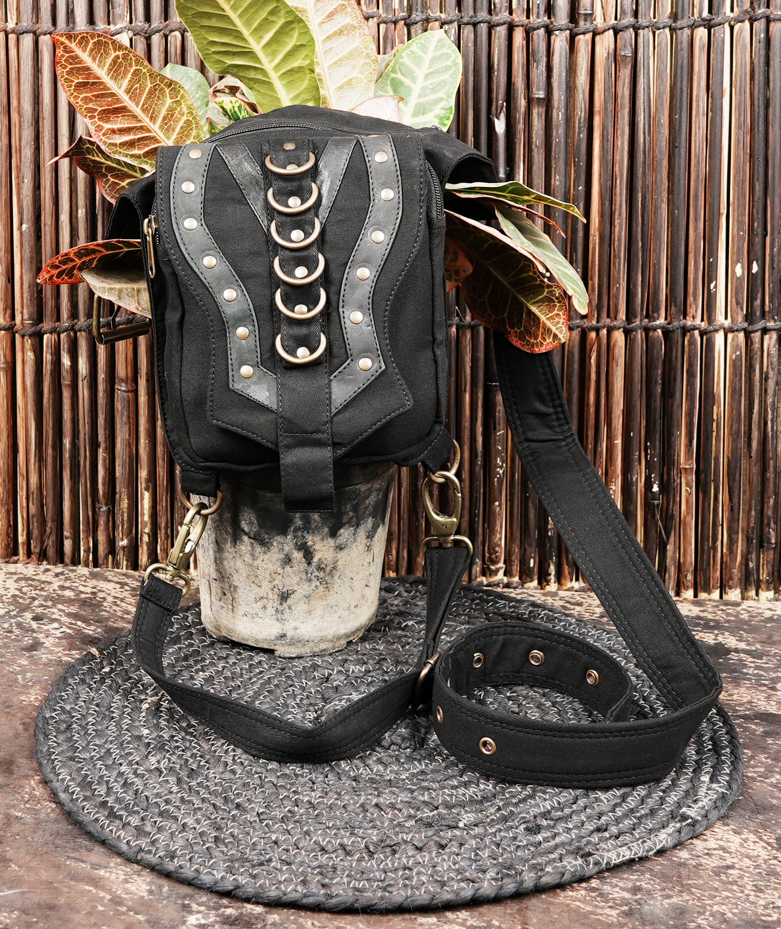 Steampunk style utility bag with antique brass ring details