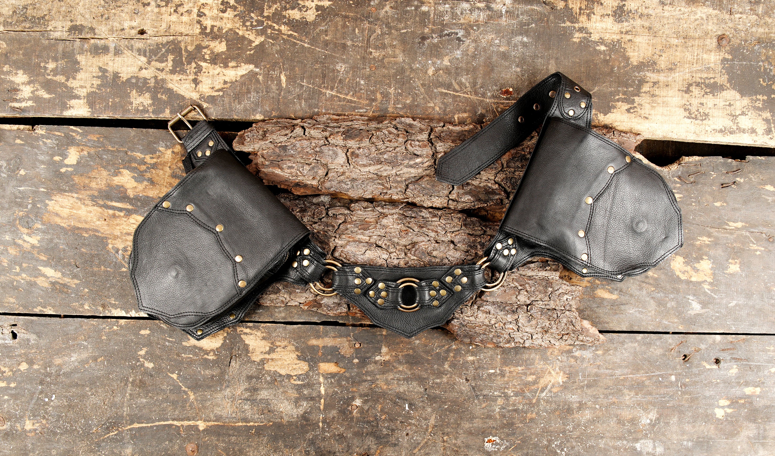 brown leather satchel belt, leather utility belt, riveted hip pouch