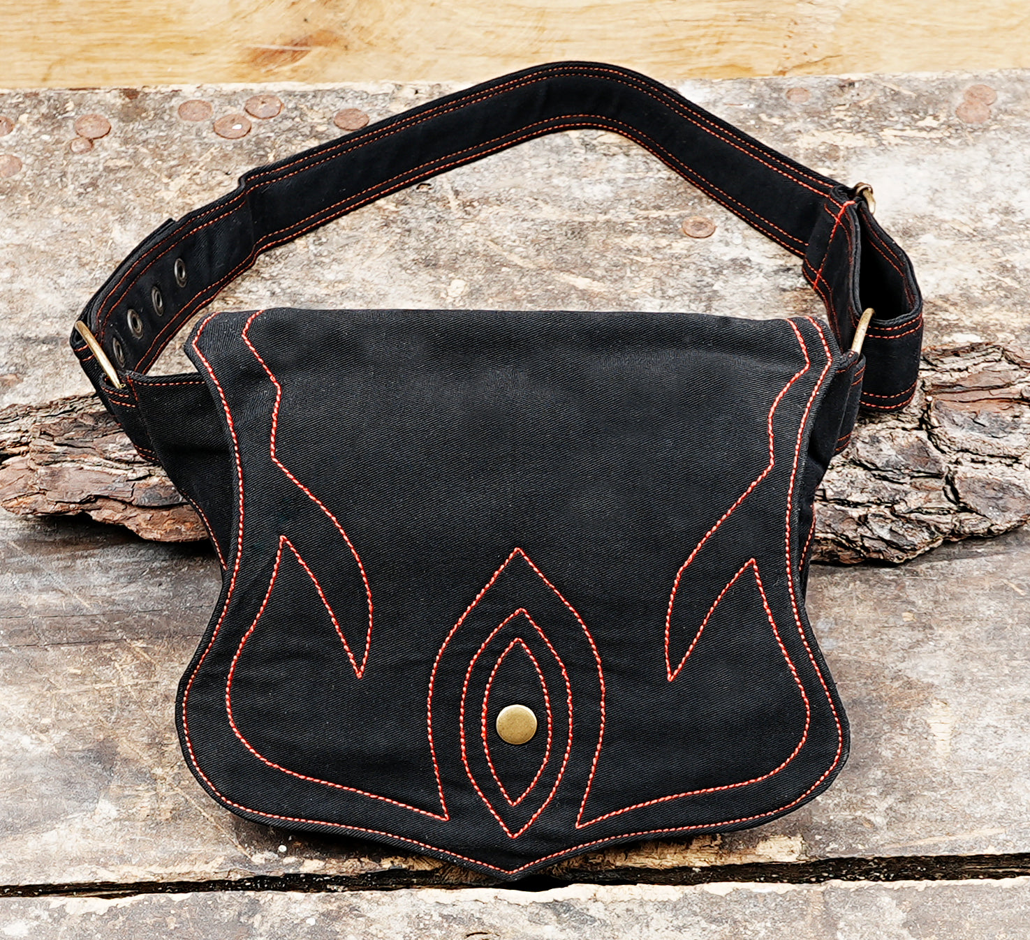 Boho festival fanny pack with flame embroidery, black canvas material