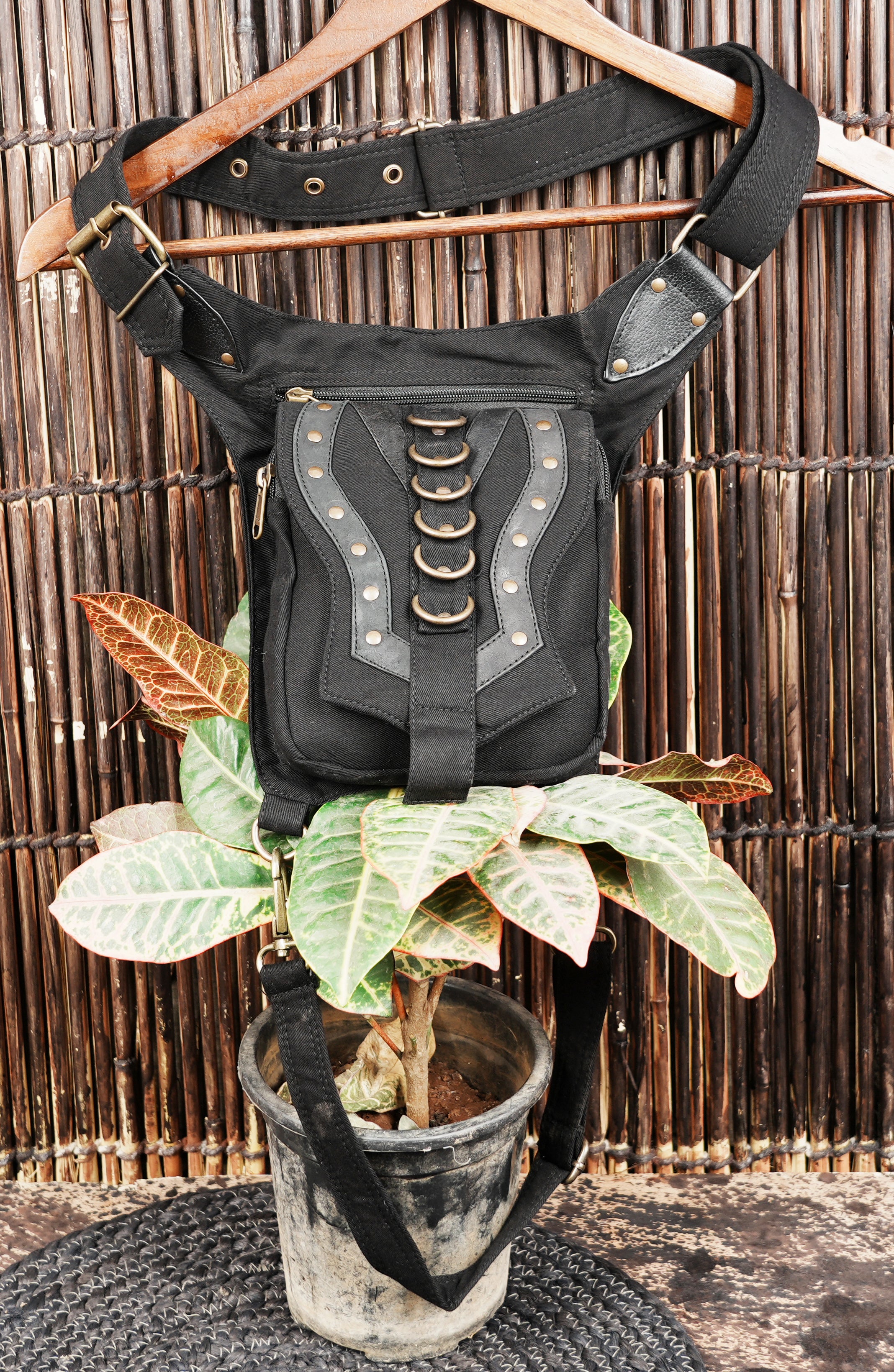 Bohemian utility bag with zipper pockets and adjustable fit