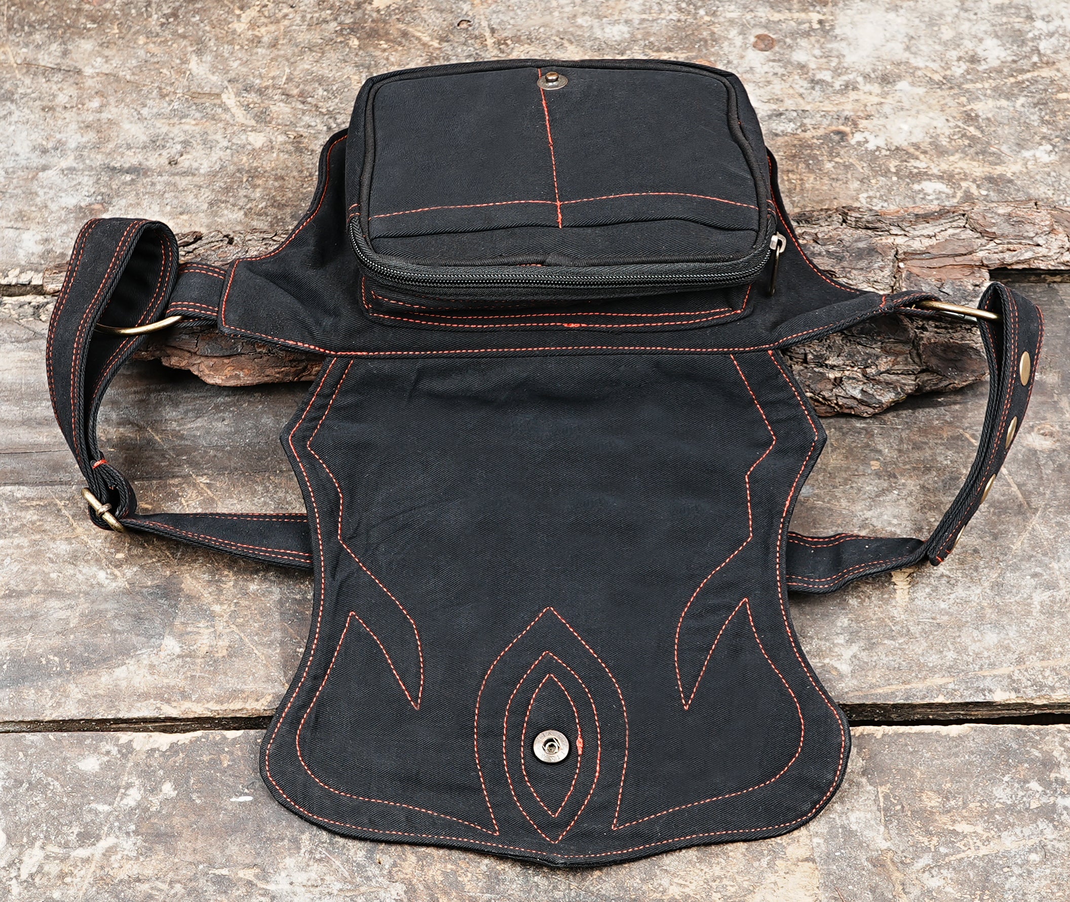 Adjustable crossbody bum bag with tribal flame embroidery, black canvas
