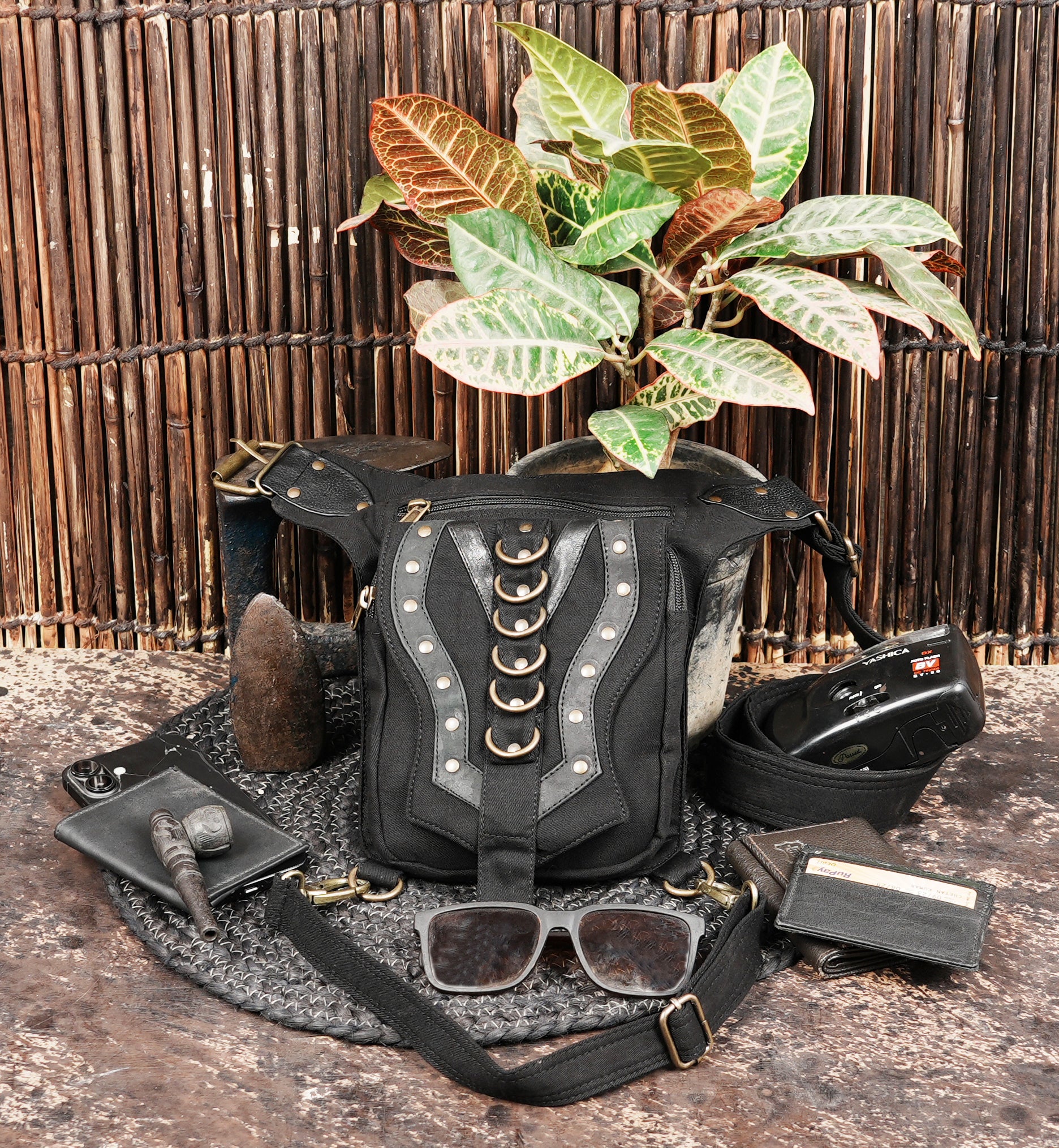 Black cotton utility belt bag with detachable thigh pouch for festivals