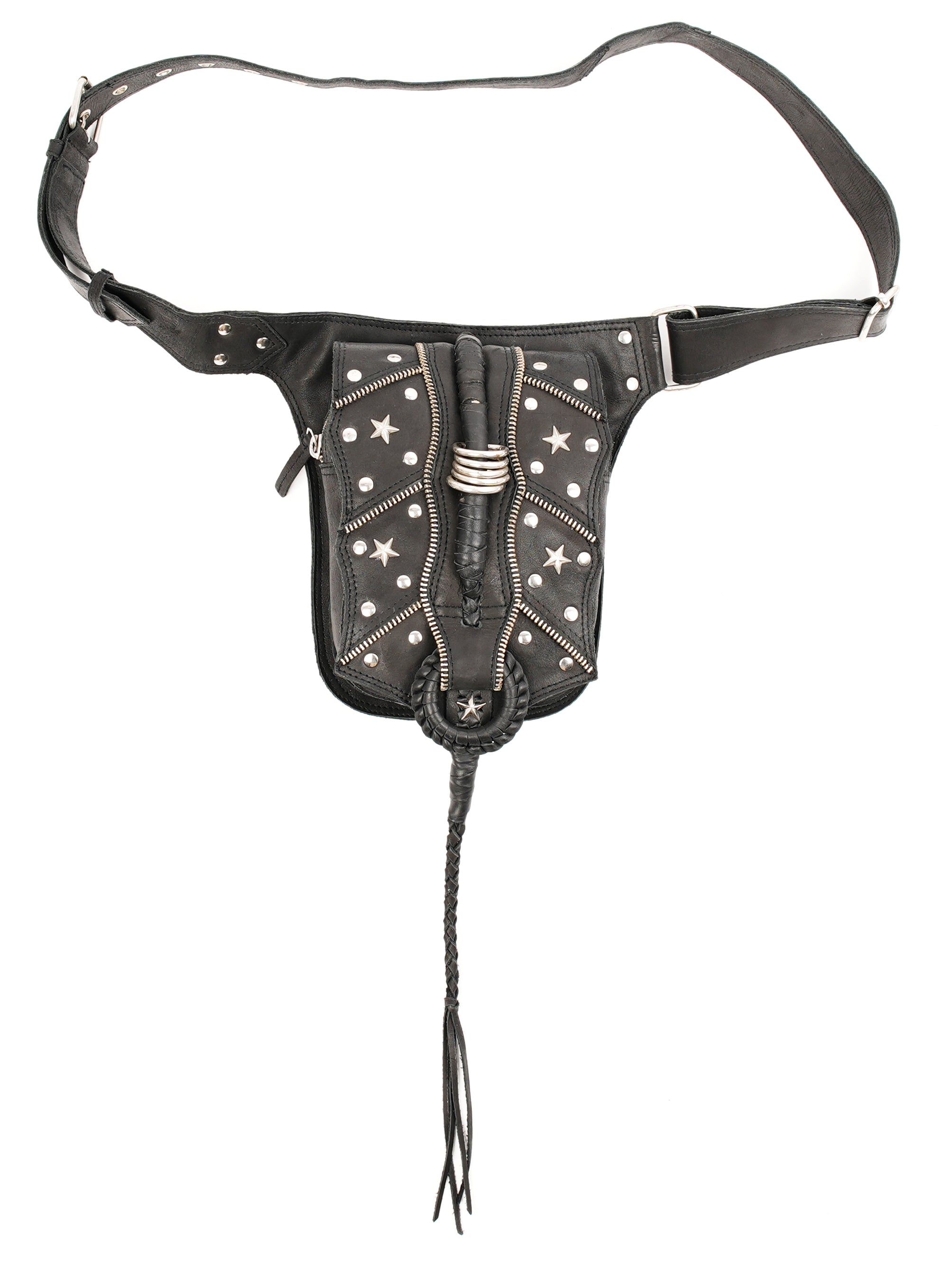 Handmade black leather waist belt with star studs and braided tassel