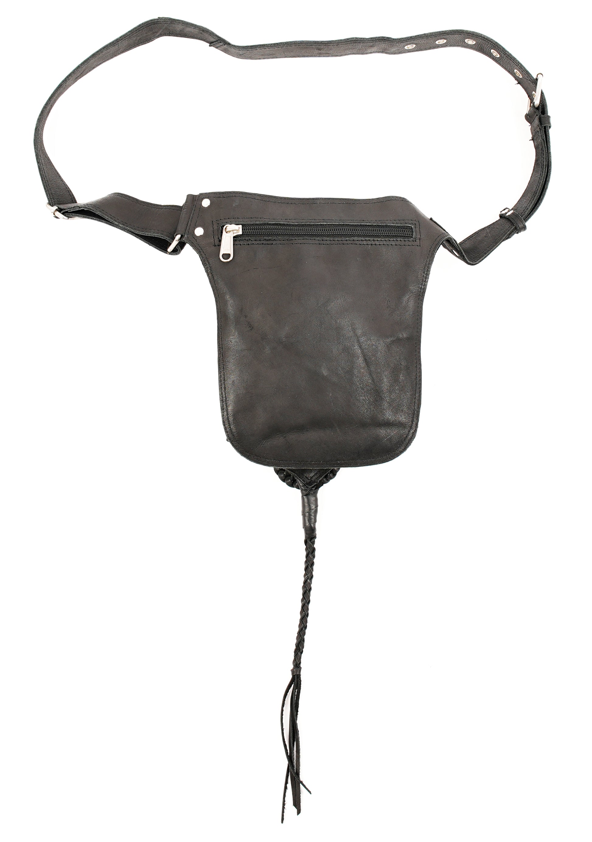 Black leather hip bag with silver star detailing and zipper accents
