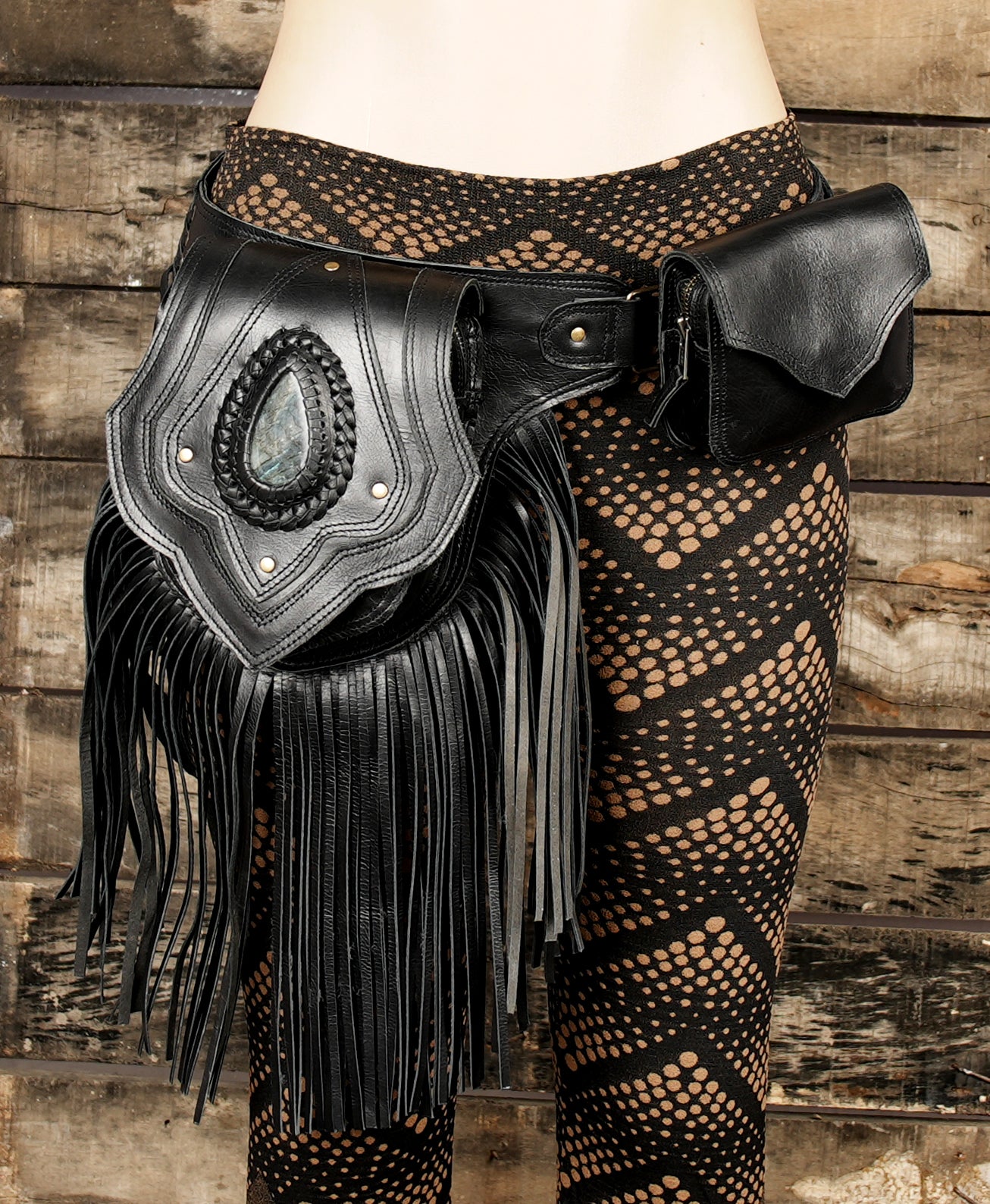 Leather waist thigh festival belt with fringe and stone