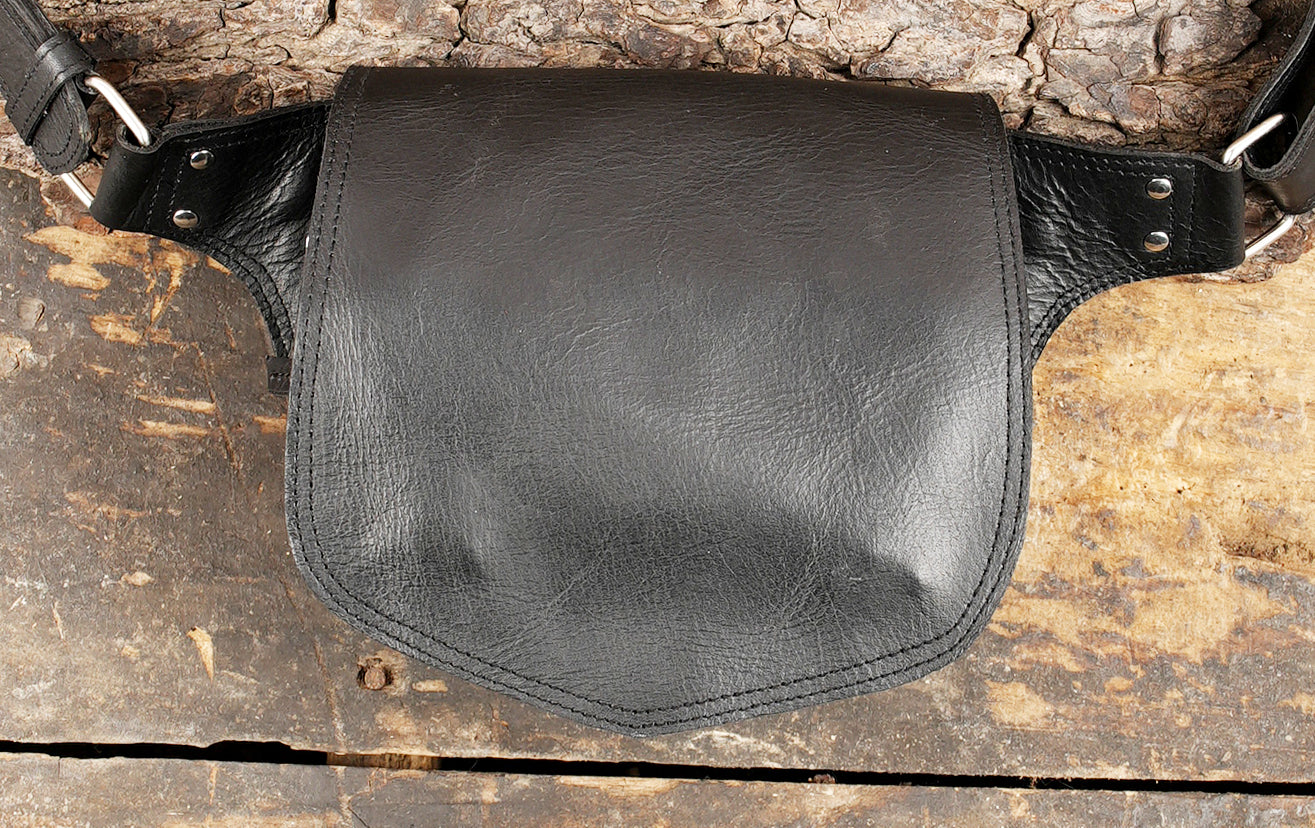 Genuine leather waist belt bag with stitched flap closure